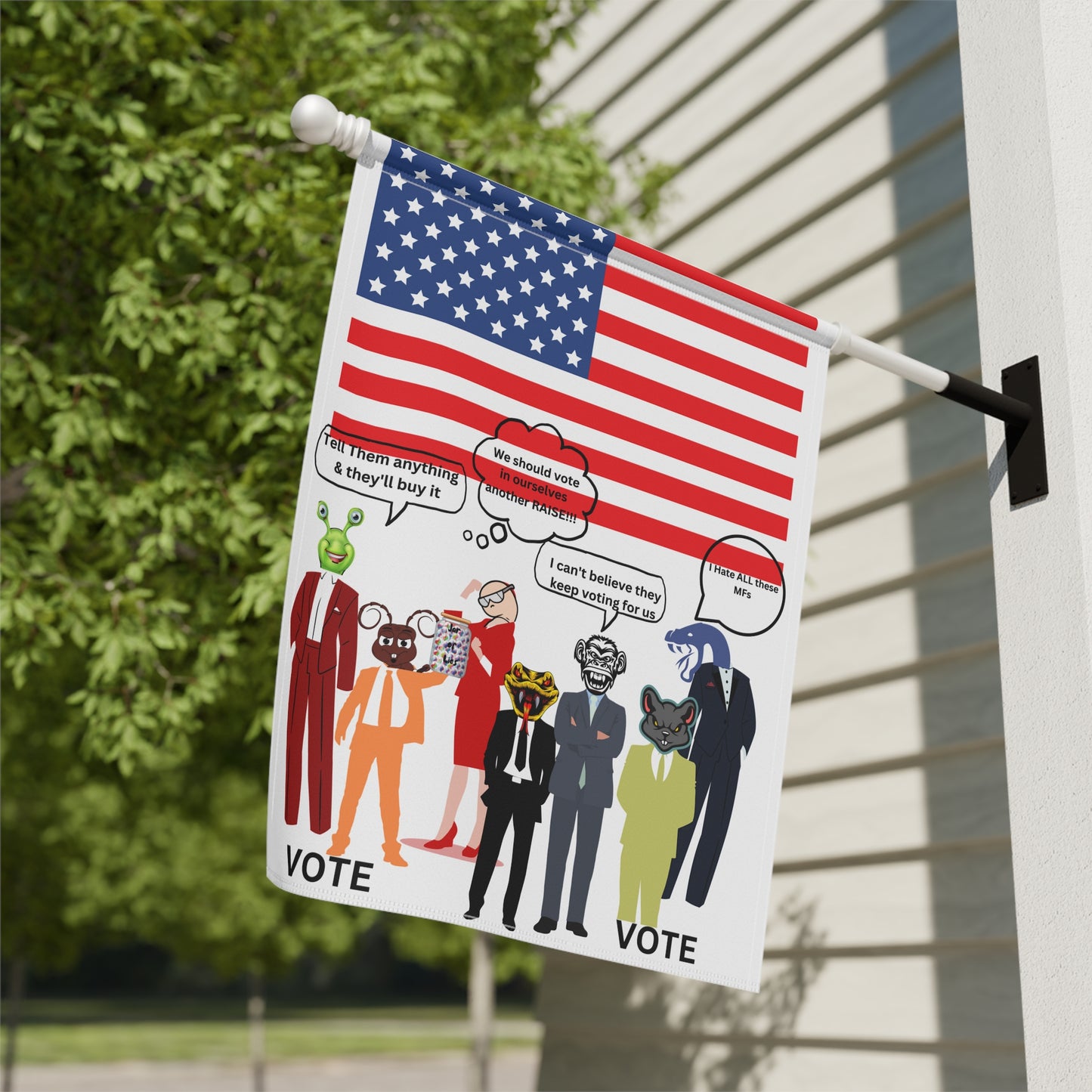 "Jar of Lies" Garden Flag - Patriotic Funny Cartoon Characters with American Flag