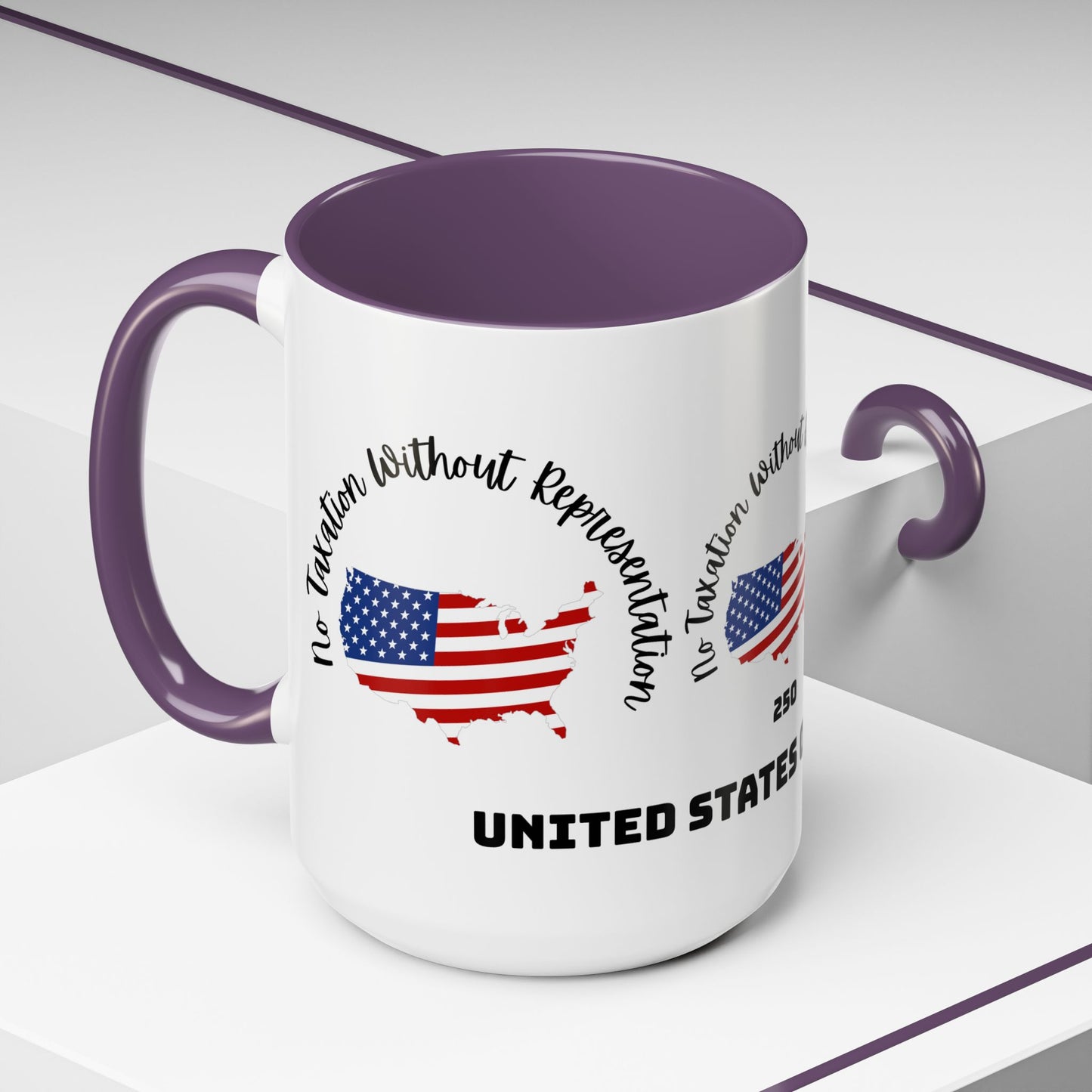 United States Map Flag Coffee Mug — "No Taxation Without Representation" 11/15oz Accent
