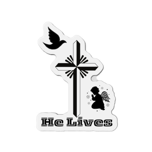 Religious - He Lives Holy Cross with Praying Angel - Die-Cut Magnet