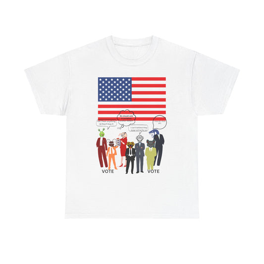 Patriotic 'Vote' Graphic Tee — American Flag Politicians-Lizard Forms Encouraging Voting