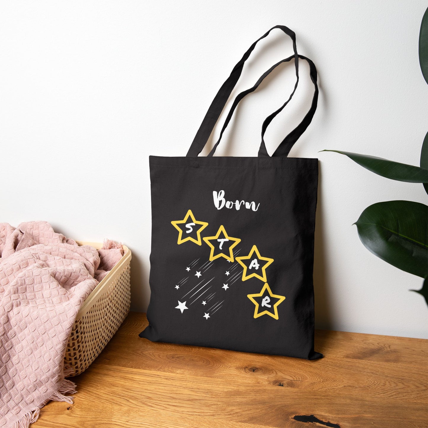 Born Star Tote Bag — Cute Celestial Cotton Canvas Tote With White Font and Stars
