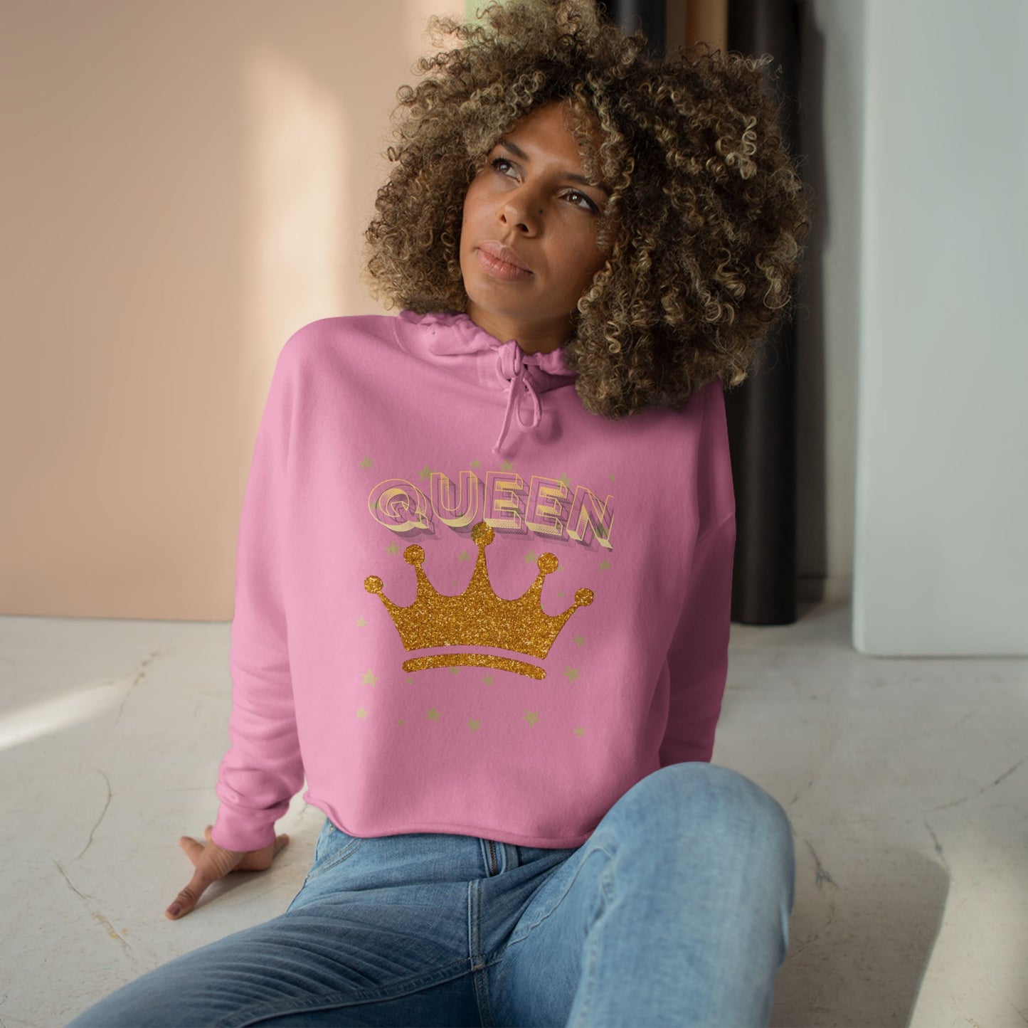 Queen - Gold Crown Crop Hoodie — Glitter Royalty Graphic Crop Hoodie