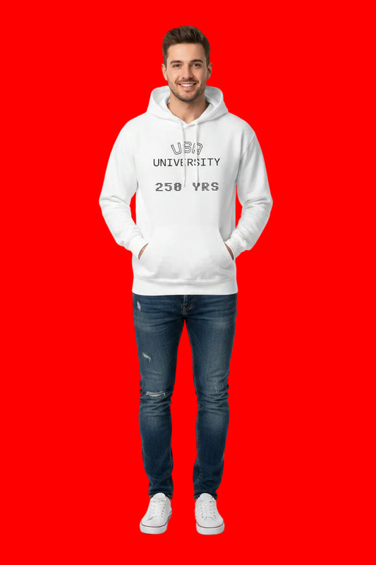 White hoodie with 'USA University 250 YRS' text on a white background on the front. American Flag and political images on the rear.