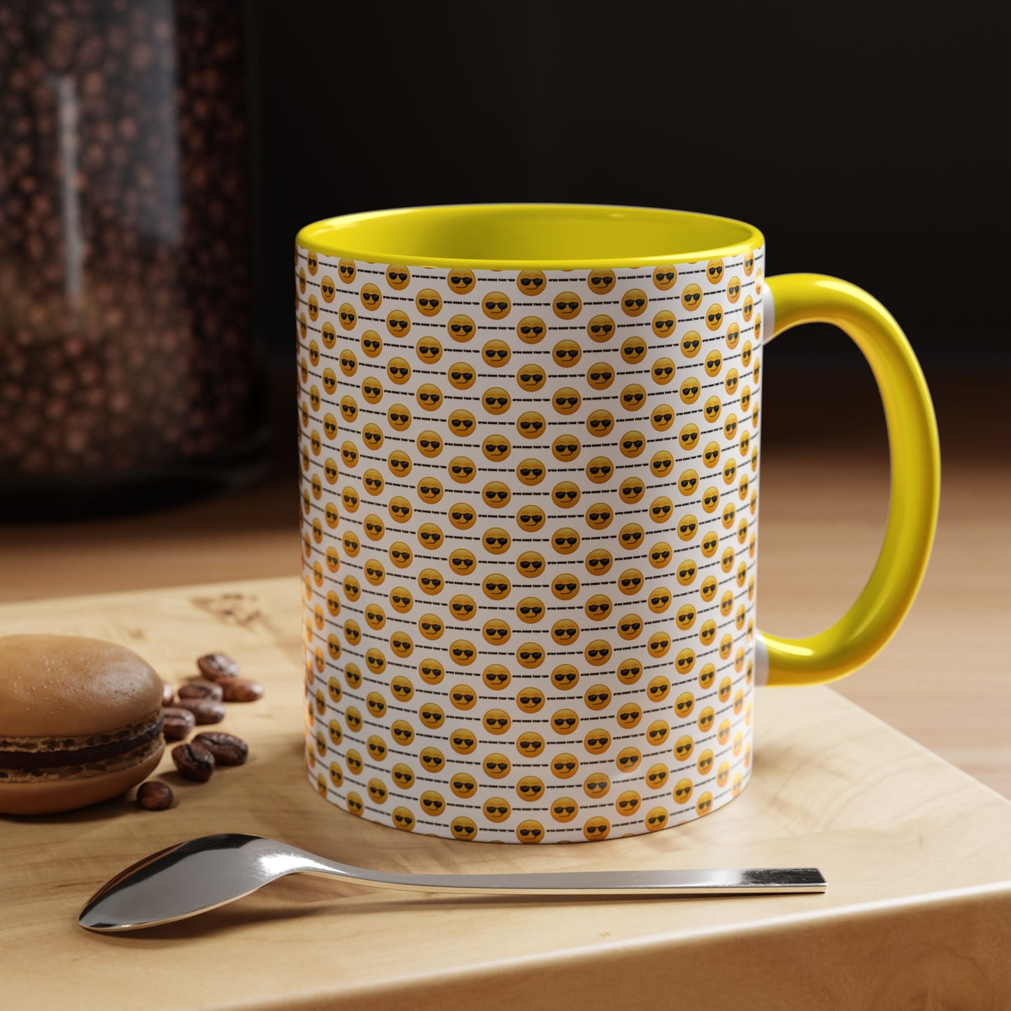 Sunglasses Emoji Pattern Accent Coffee Mug (11 oz) Asking "Who Run's This Ish"