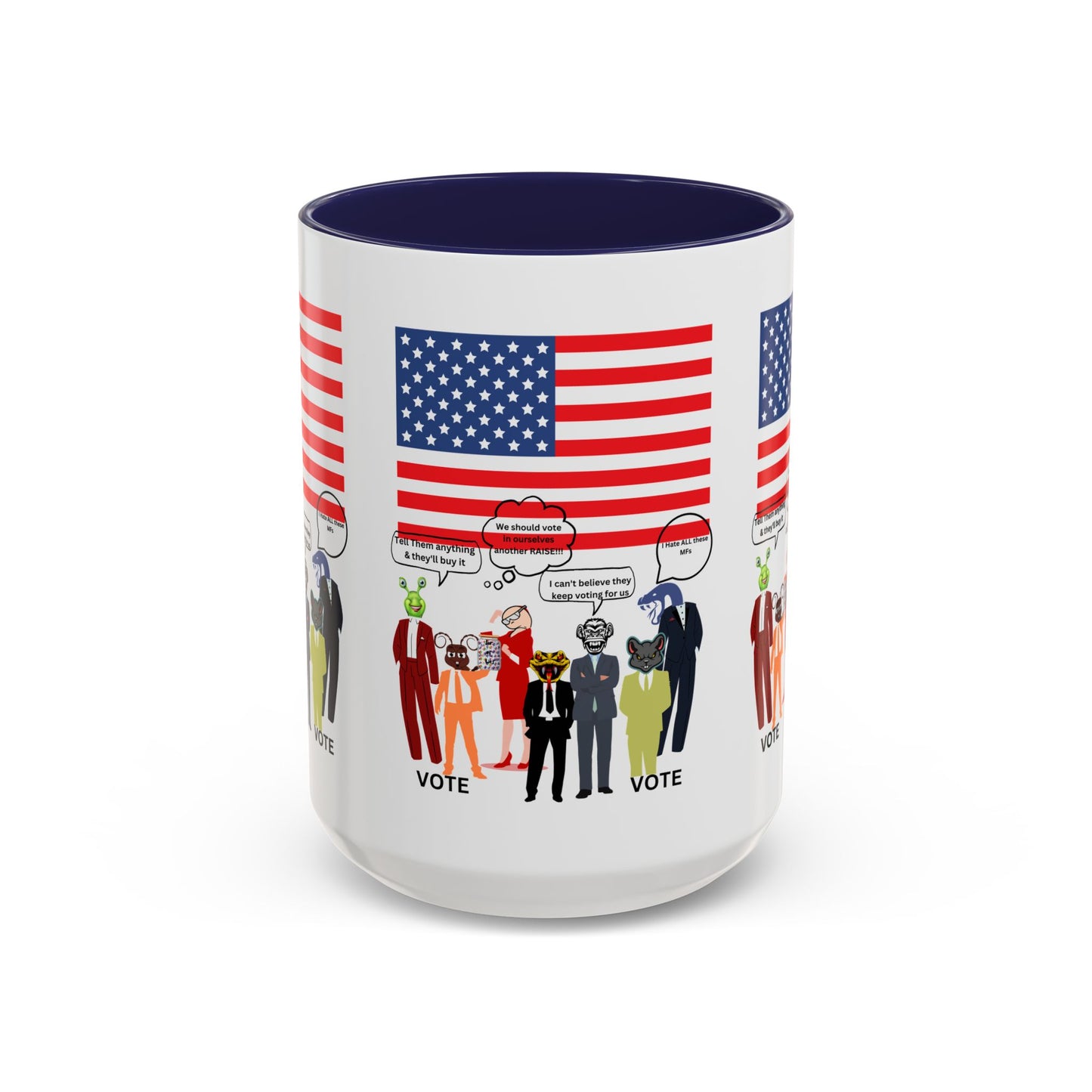 Patriotic Accent Coffee Mug — American Flag & Politicians in Lizard Form Illustration (15oz)