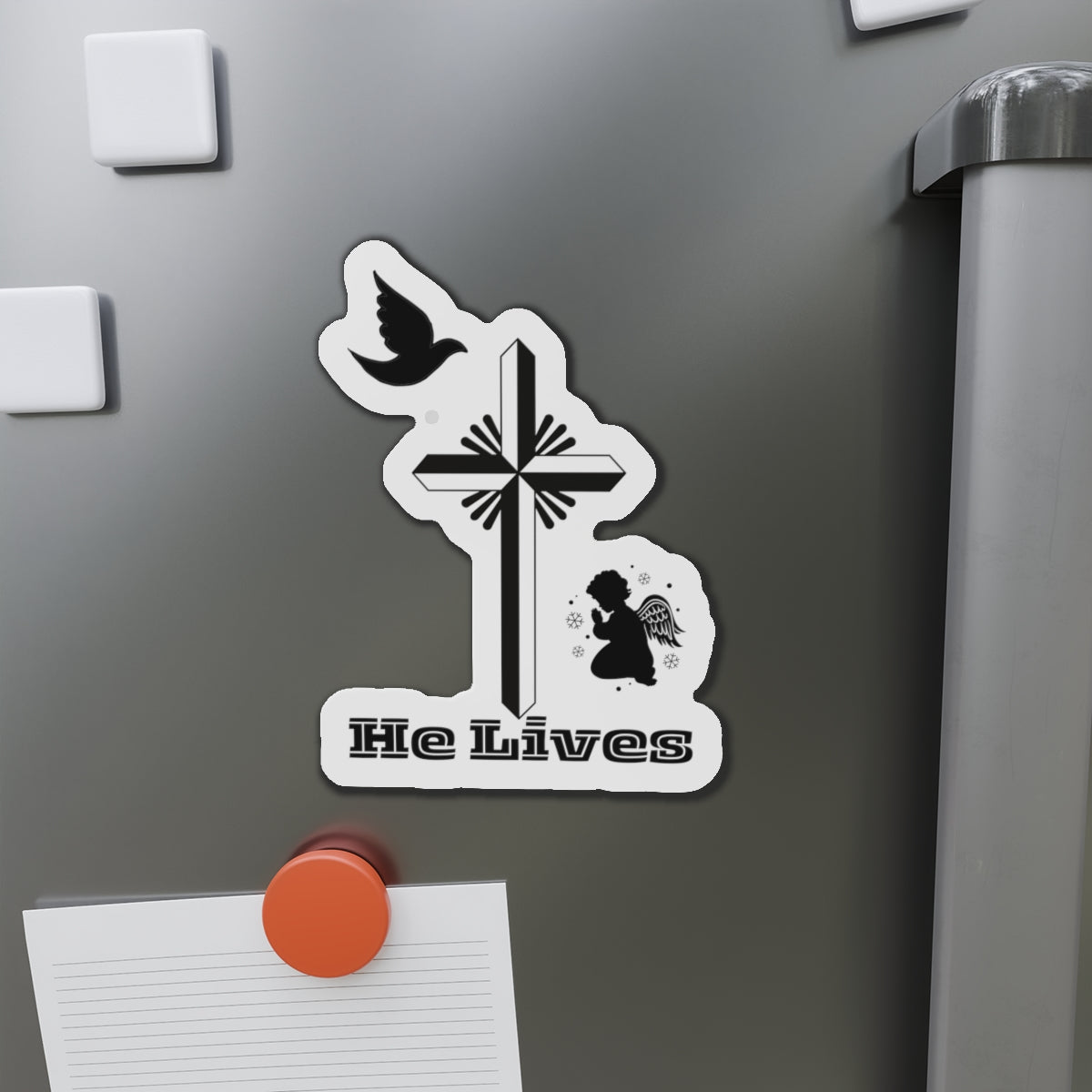 Religious  - He Lives Holy Cross with Praying Angel - Die-Cut Magnet
