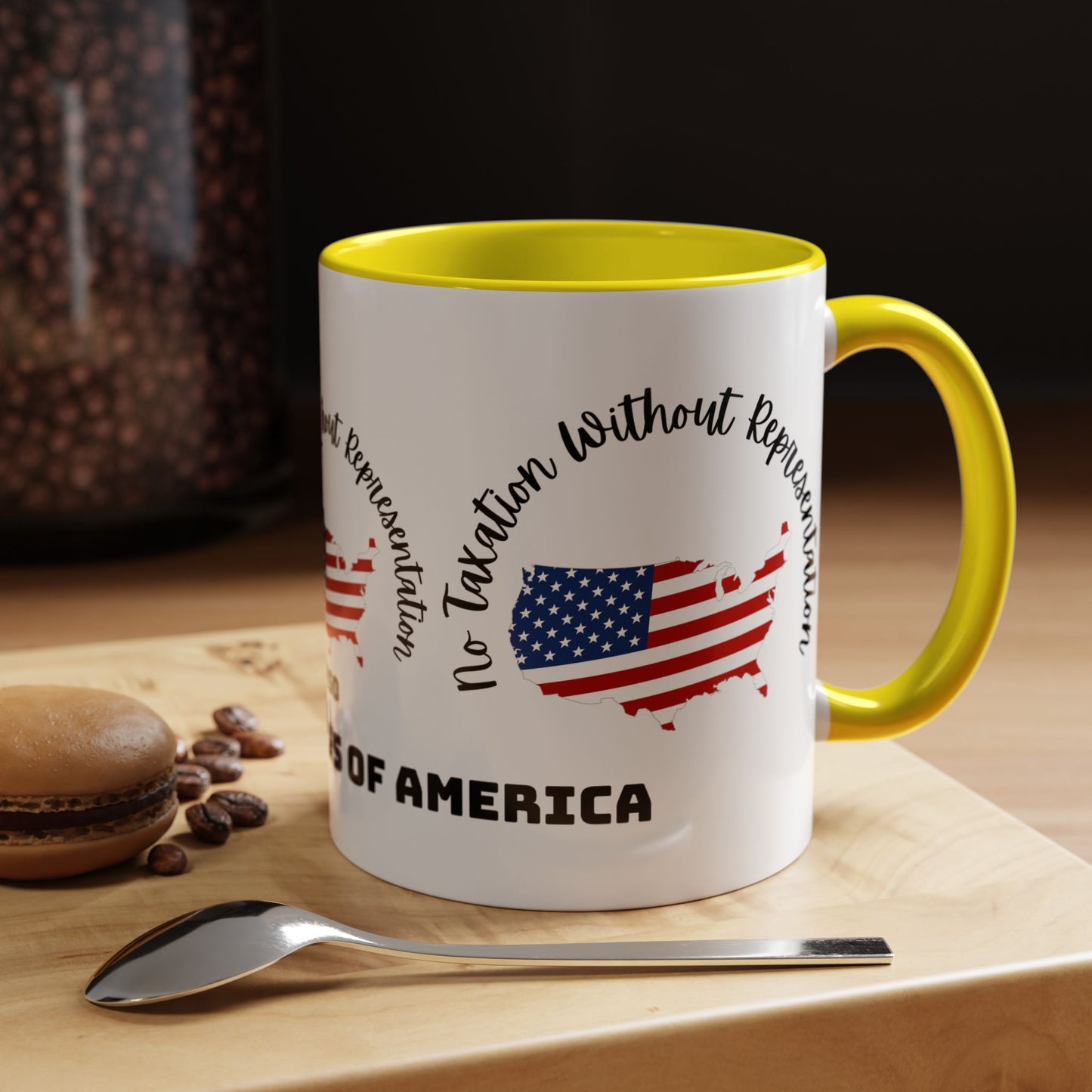United States Map Flag Coffee Mug — "No Taxation Without Representation" 11/15oz Accent