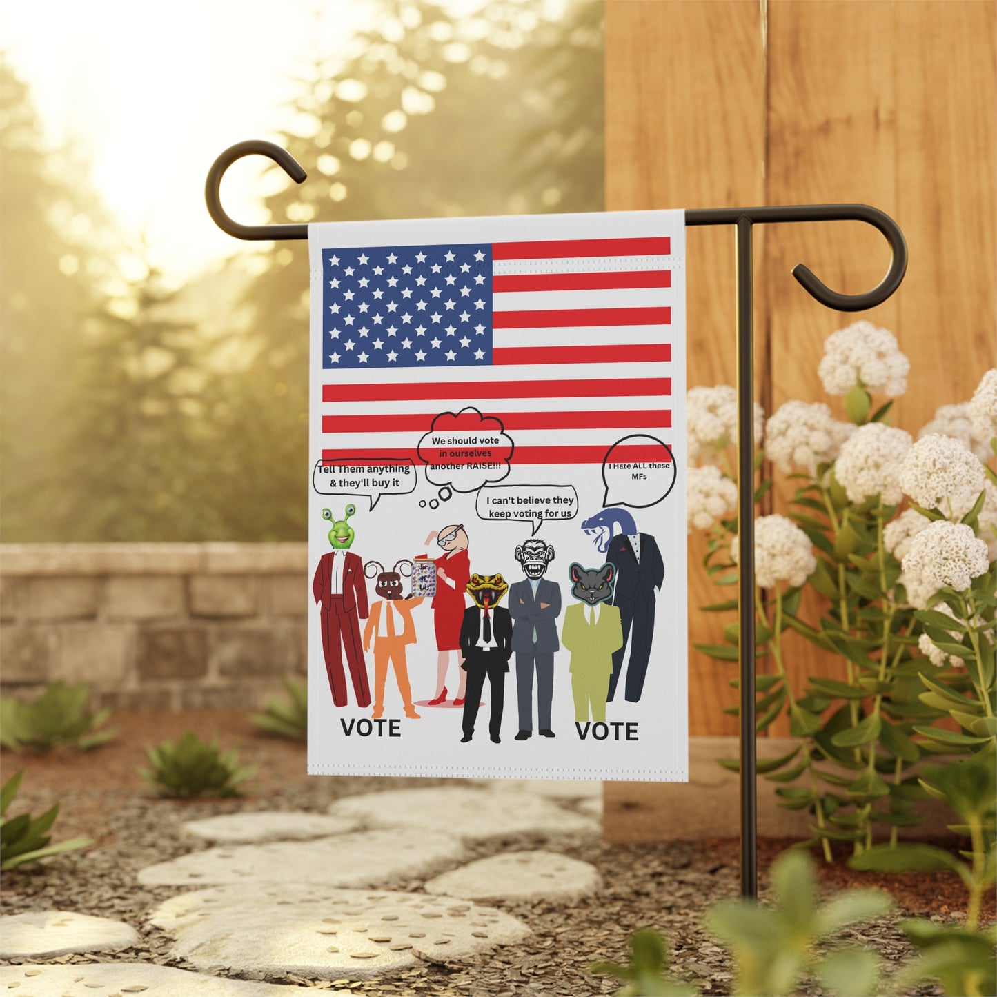 "Jar of Lies" Garden Flag - Patriotic Funny Cartoon Characters with American Flag