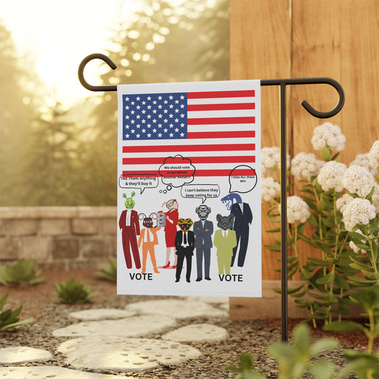 "Jar of Lies" Garden Flag - Patriotic Funny Cartoon Characters with American Flag