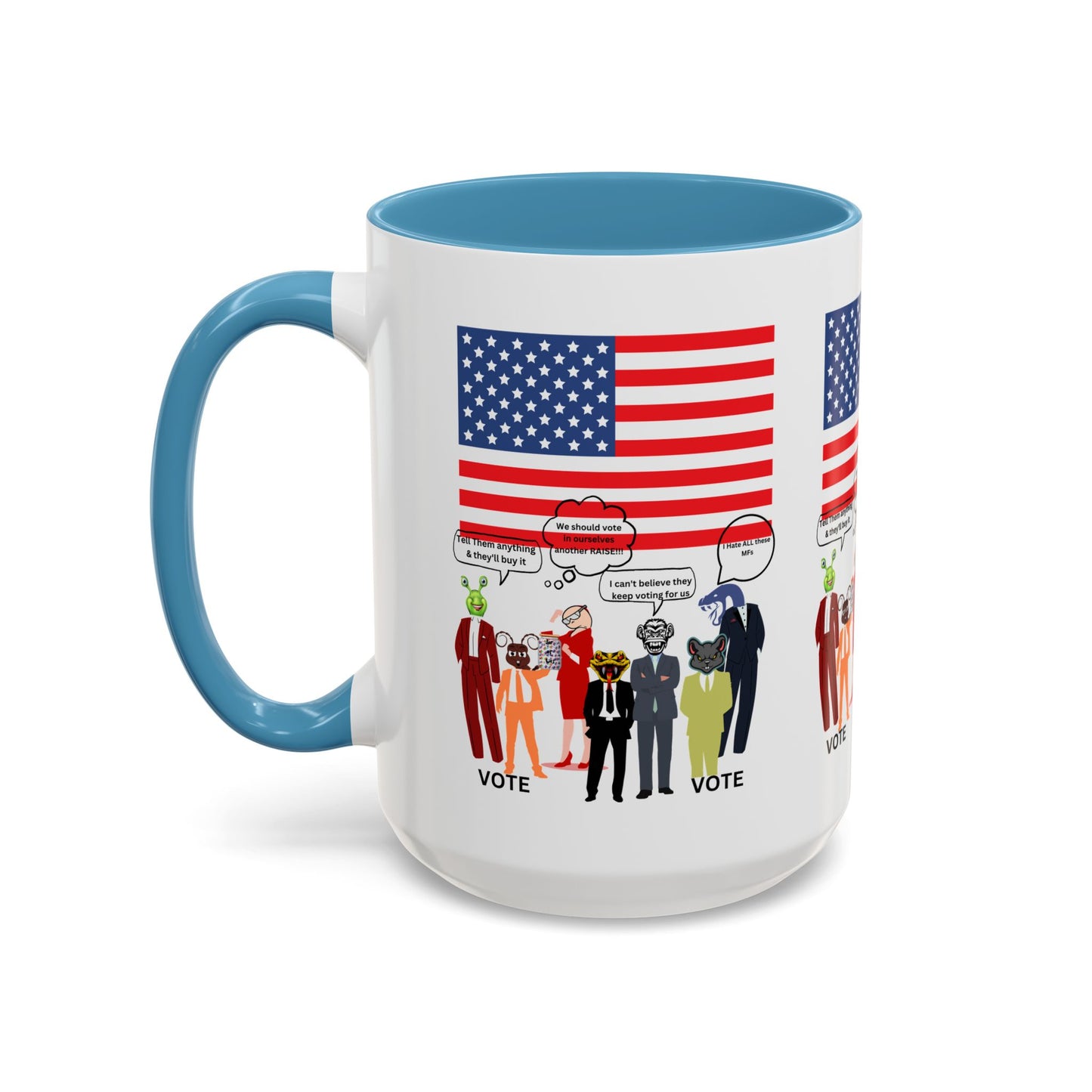 Patriotic Accent Coffee Mug — American Flag & Politicians in Lizard Form Illustration (15oz)