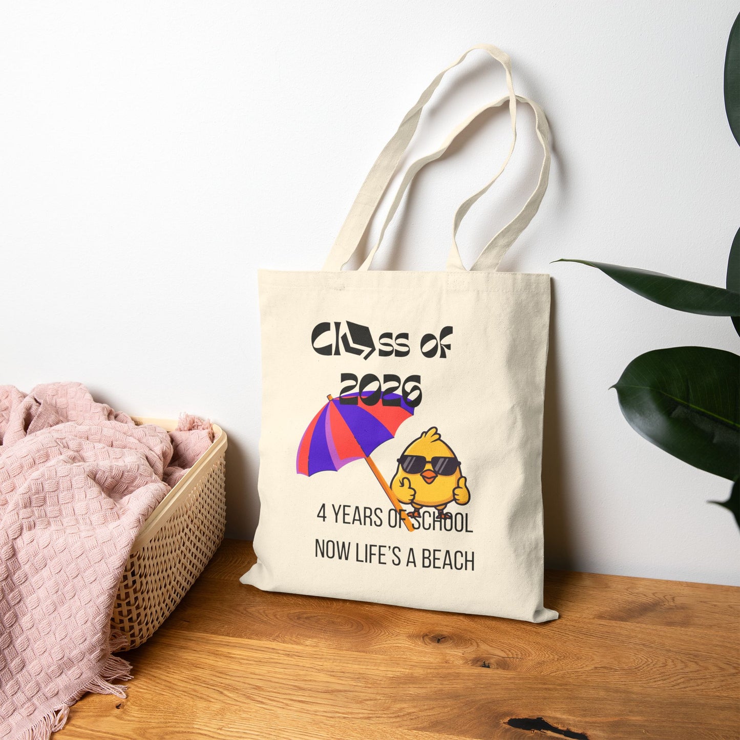 Class of 2026 Graduation Tote Bag — "4 Years of School, Now Life's a Beach" Cotton Canvas Gift