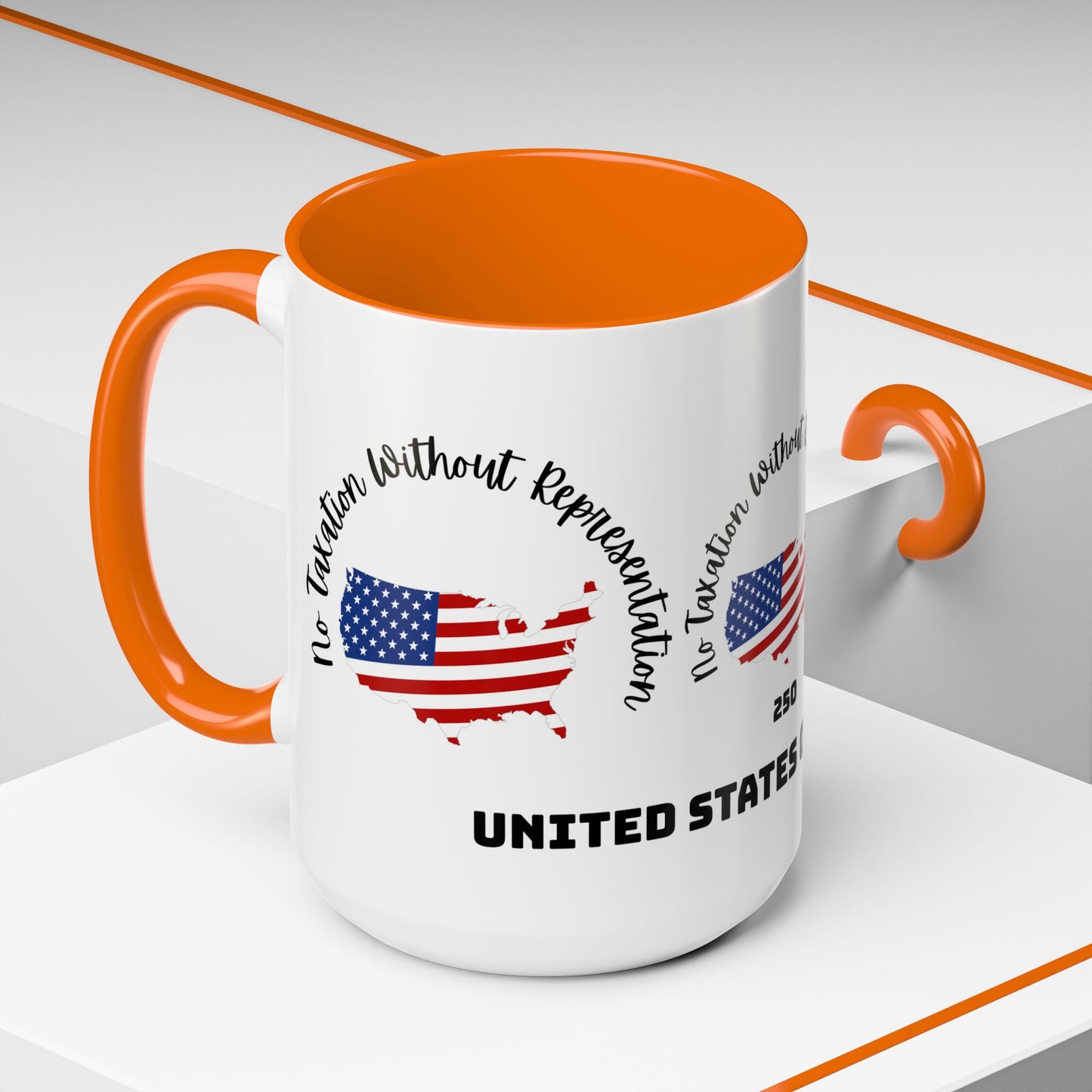 United States Map Flag Coffee Mug — "No Taxation Without Representation" 11/15oz Accent
