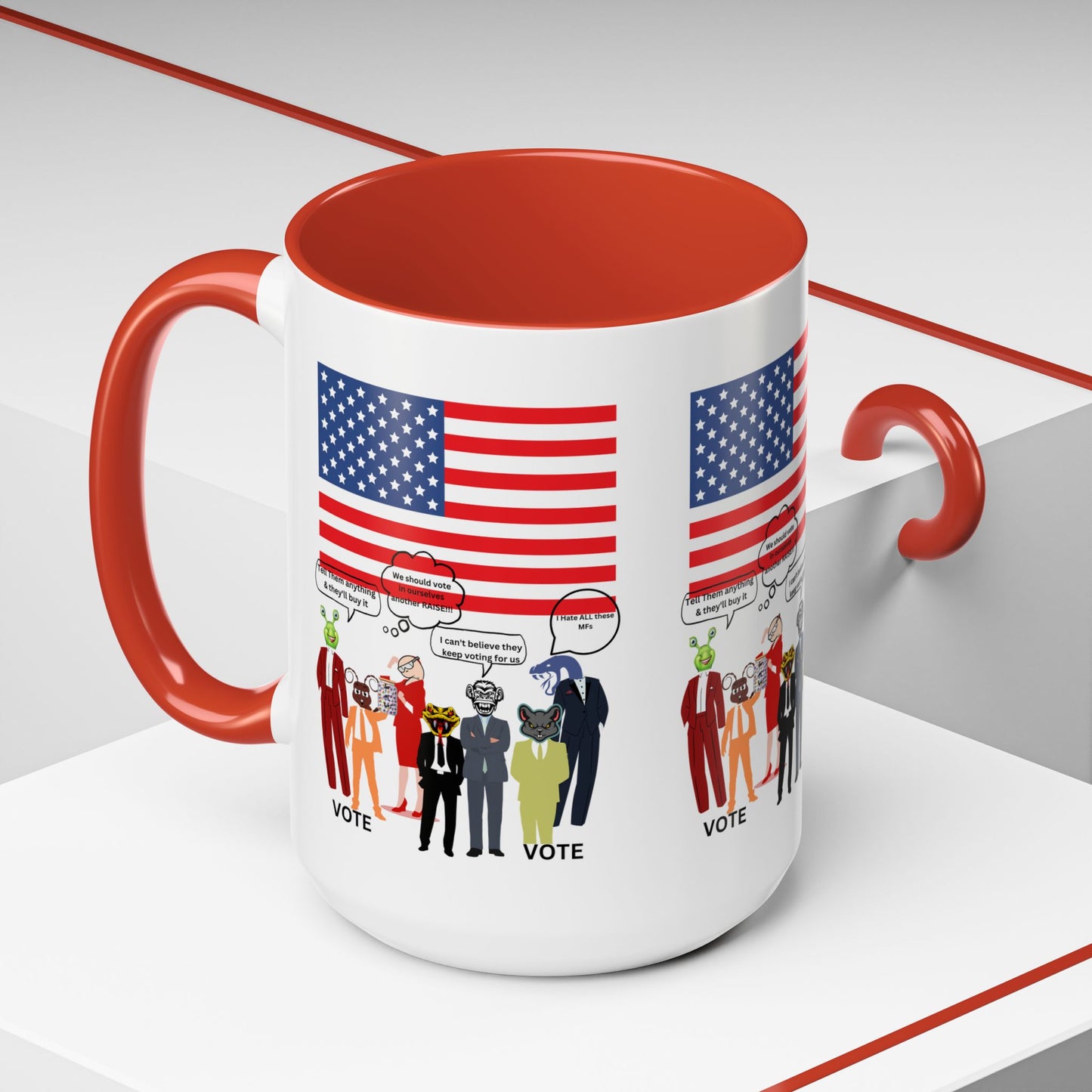 Patriotic Accent Coffee Mug — American Flag & Politicians in Lizard Form Illustration (15oz)