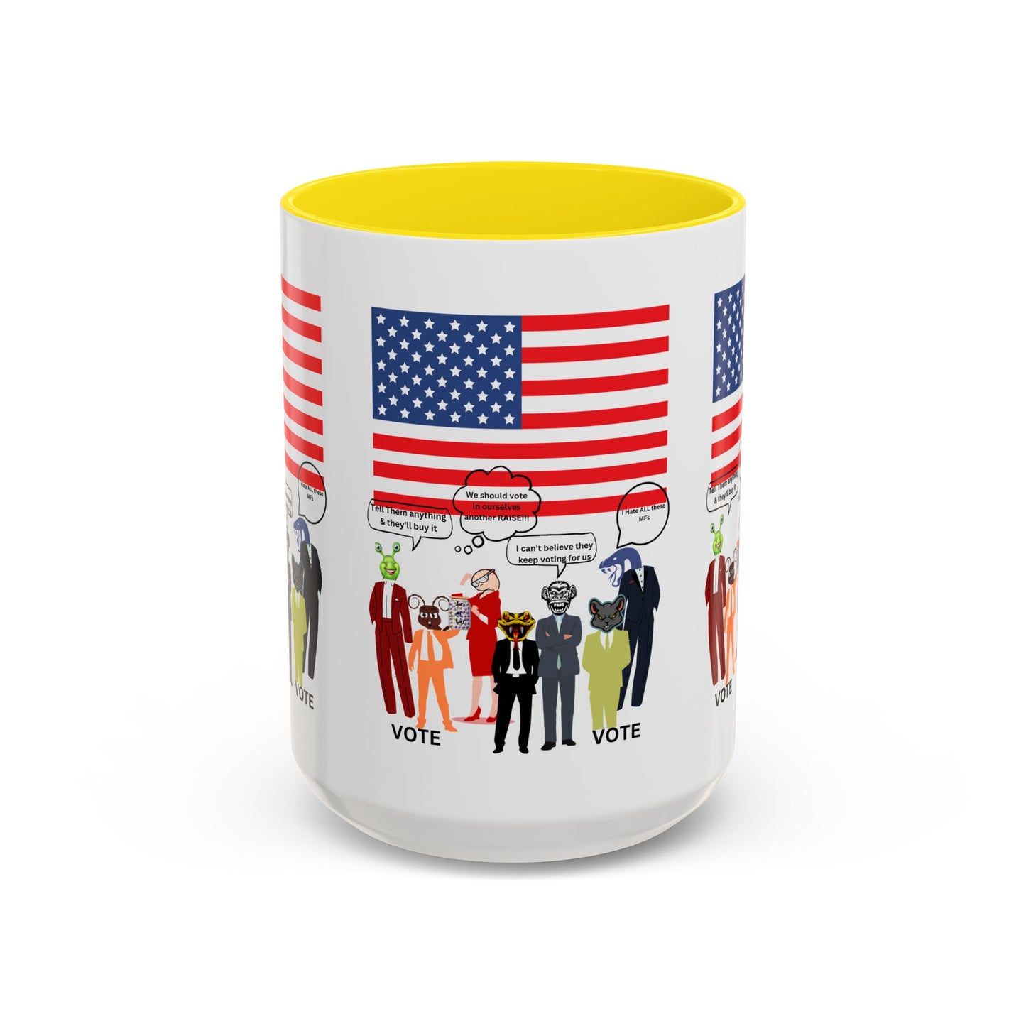 Patriotic Accent Coffee Mug — American Flag & Politicians in Lizard Form Illustration (15oz)
