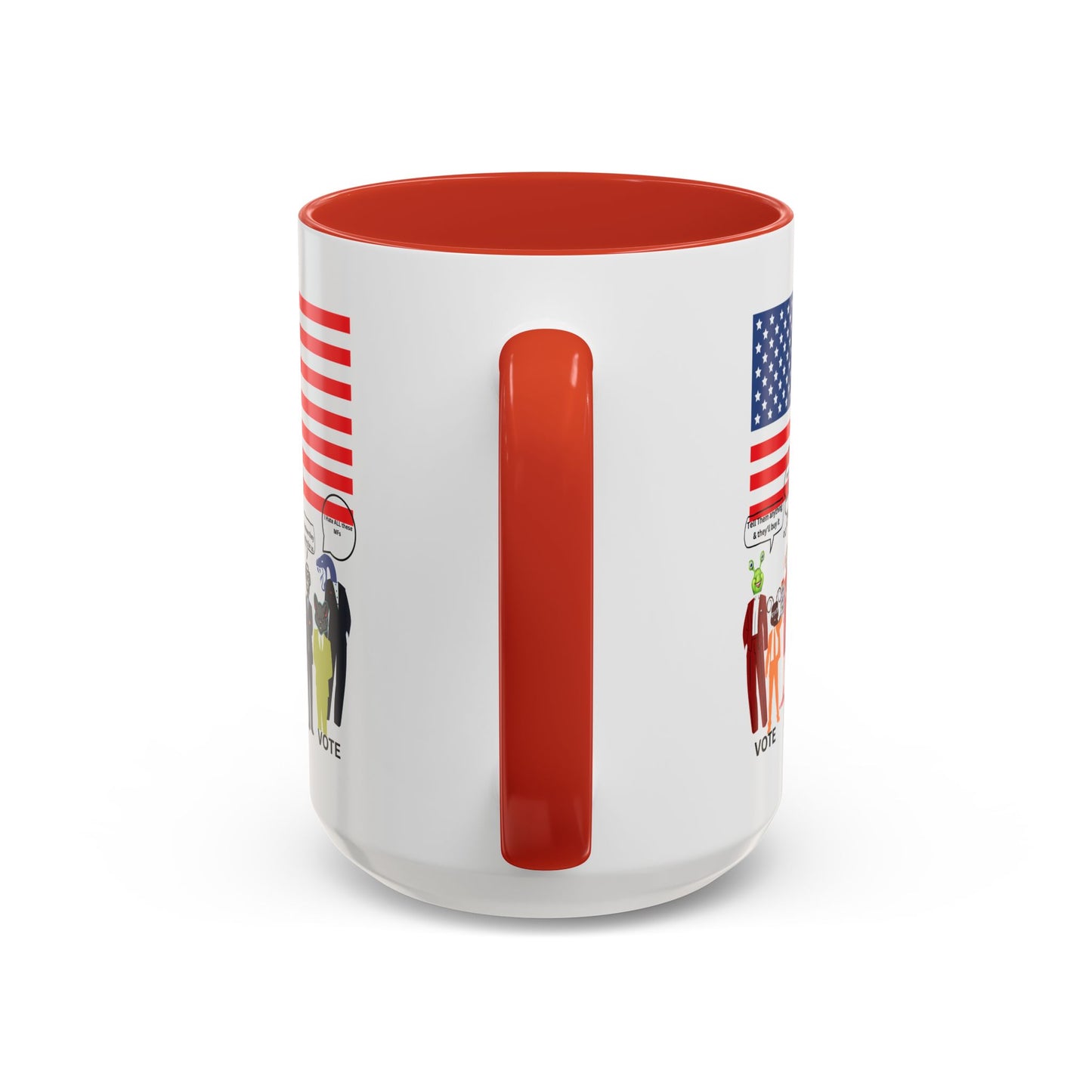 Patriotic Accent Coffee Mug — American Flag & Politicians in Lizard Form Illustration (15oz)