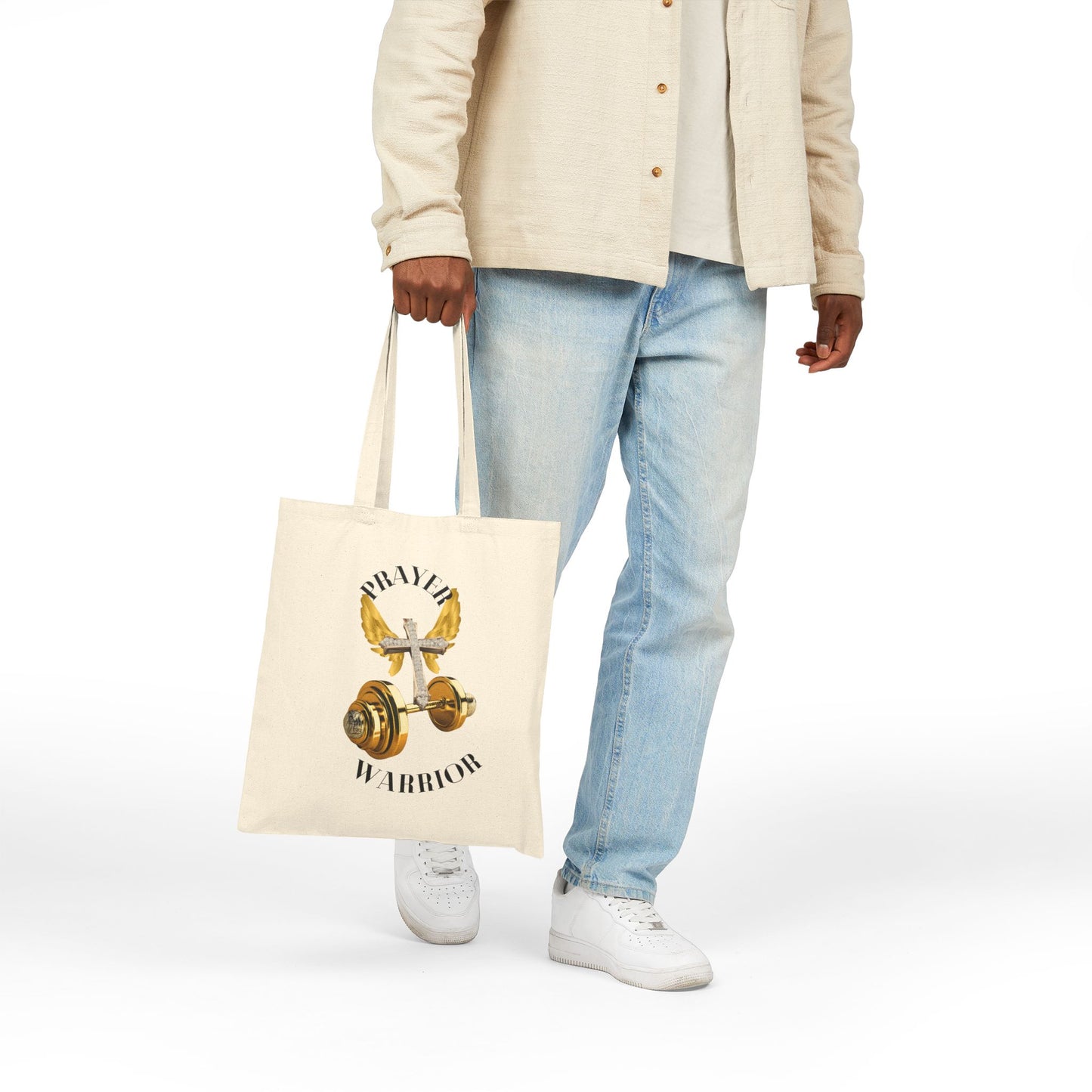 Religious Tote Bag - "Prayer Warrior" with Holy Cross and Angel Wings