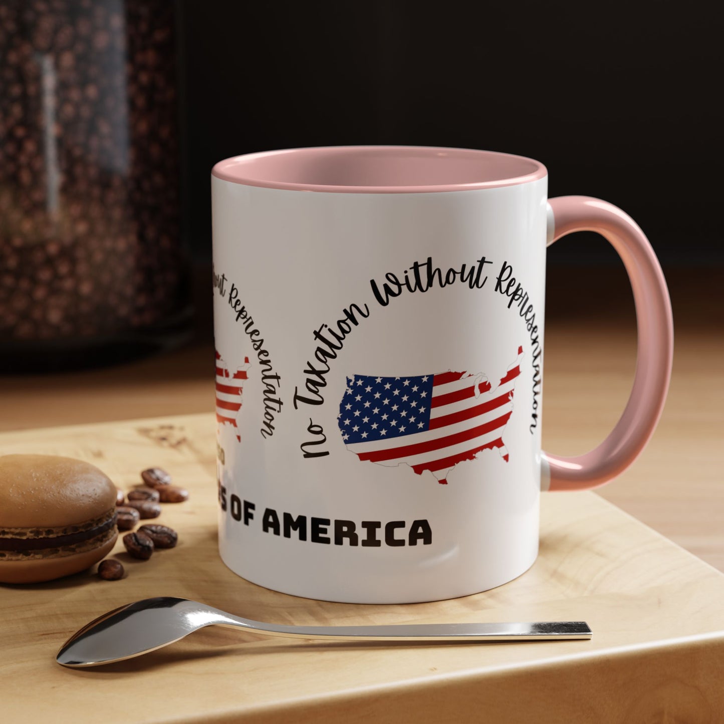 United States Map Flag Coffee Mug — "No Taxation Without Representation" 11/15oz Accent
