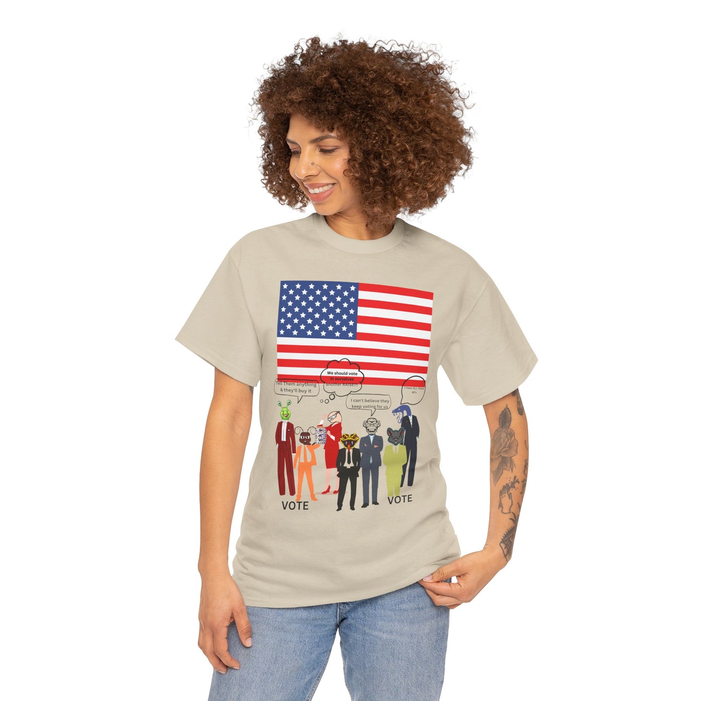 Patriotic 'Vote' Graphic Tee — American Flag Politicians-Lizard Forms Encouraging Voting