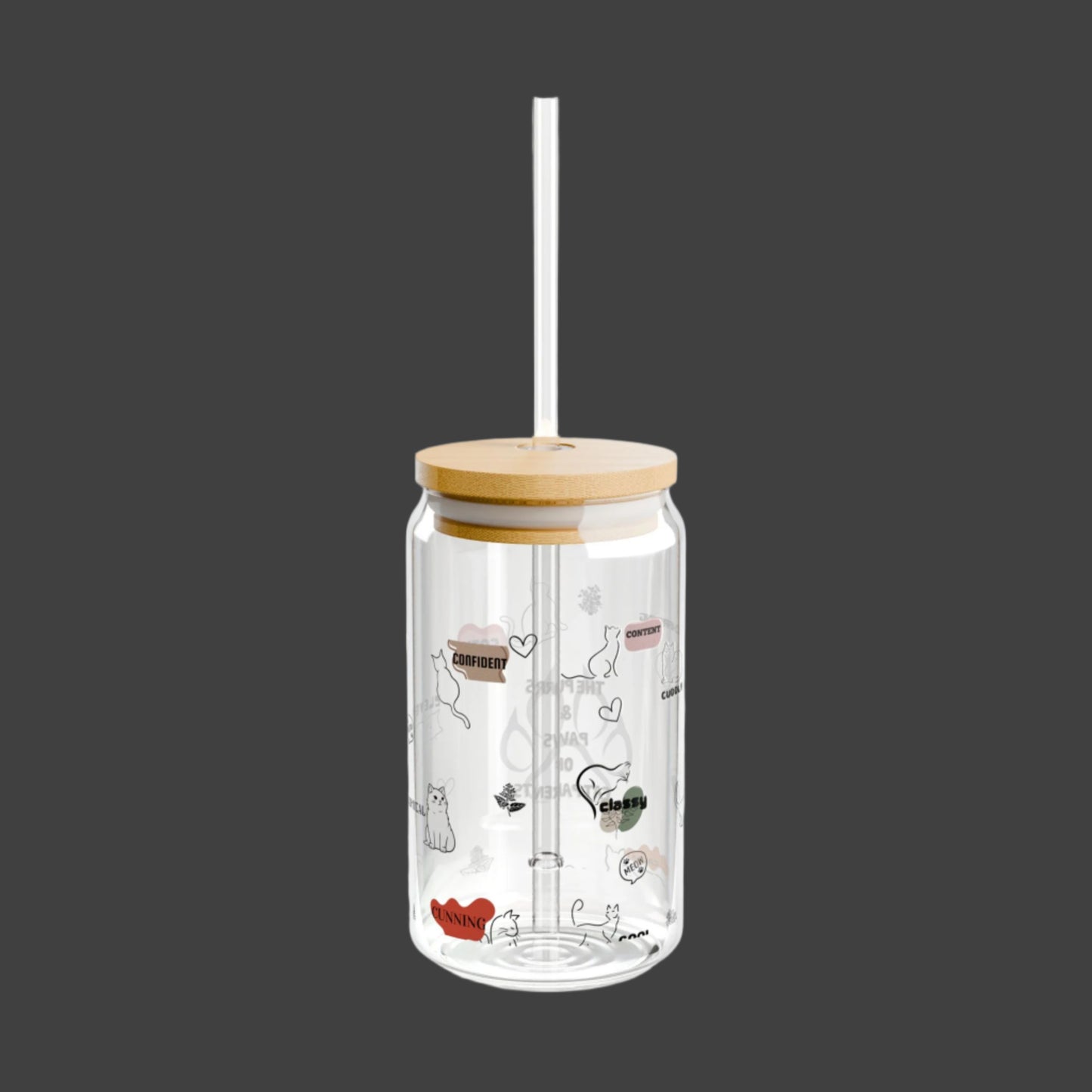 Cute Cat-Themed Sipper Glass - 16oz with Bamboo Lid - Perfect Gift for Cat Parents & Cat Lovers