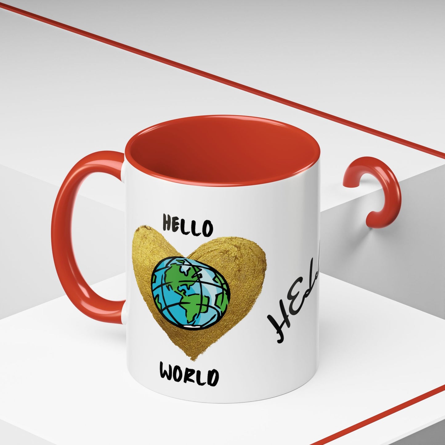 Hello World Coffee Mug — Heart Globe Accent 11oz