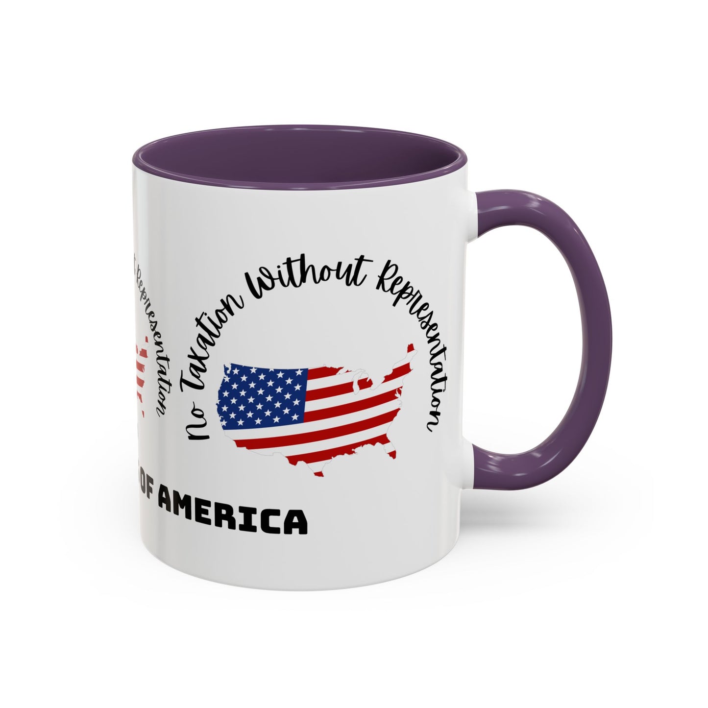 United States Map Flag Coffee Mug — "No Taxation Without Representation" 11/15oz Accent