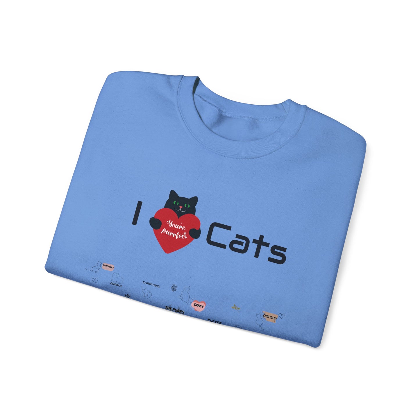 "I Love Cats" Unisex Heavy Blend Crewneck Sweatshirt: This design displays all the complex emotions of being a cat parent