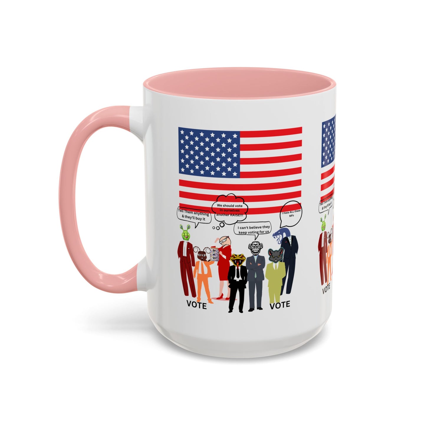 Patriotic Accent Coffee Mug — American Flag & Politicians in Lizard Form Illustration (15oz)