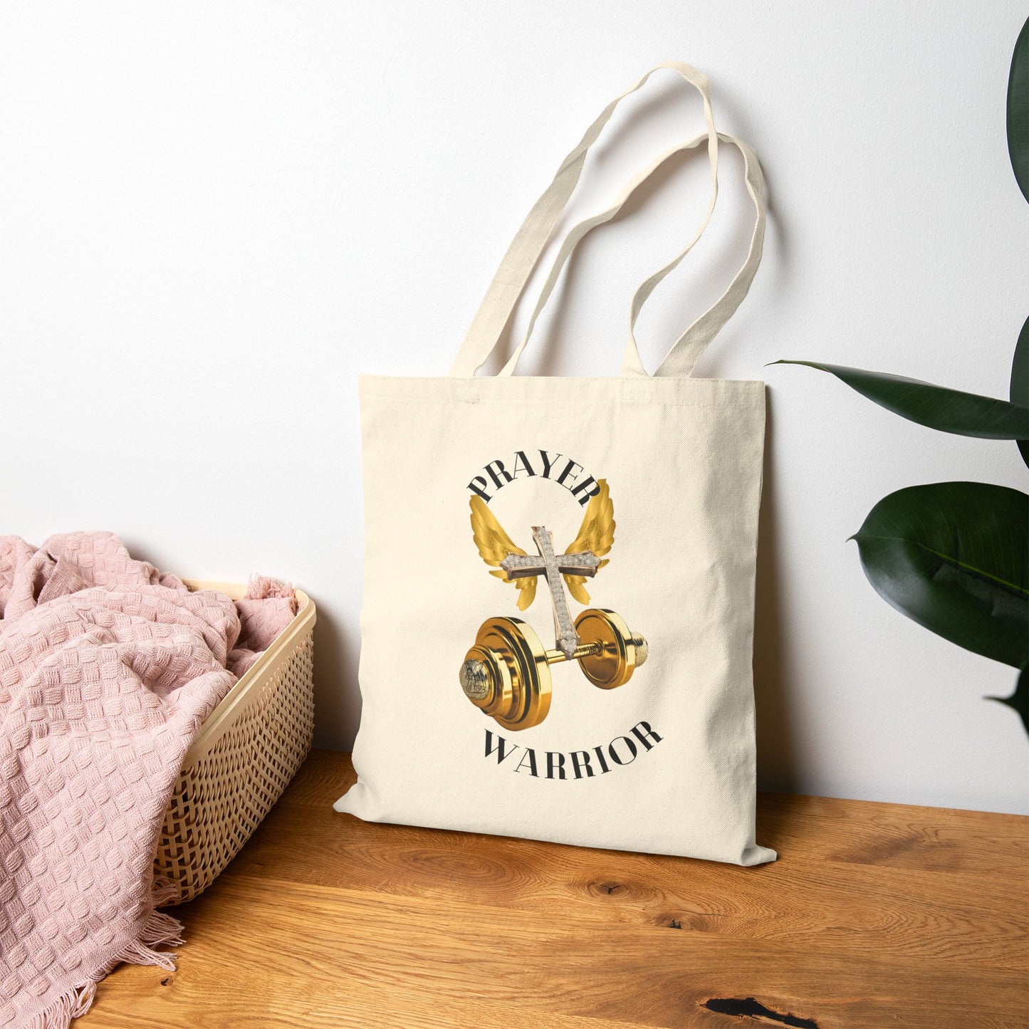 Religious Tote Bag - "Prayer Warrior" with Holy Cross and Angel Wings