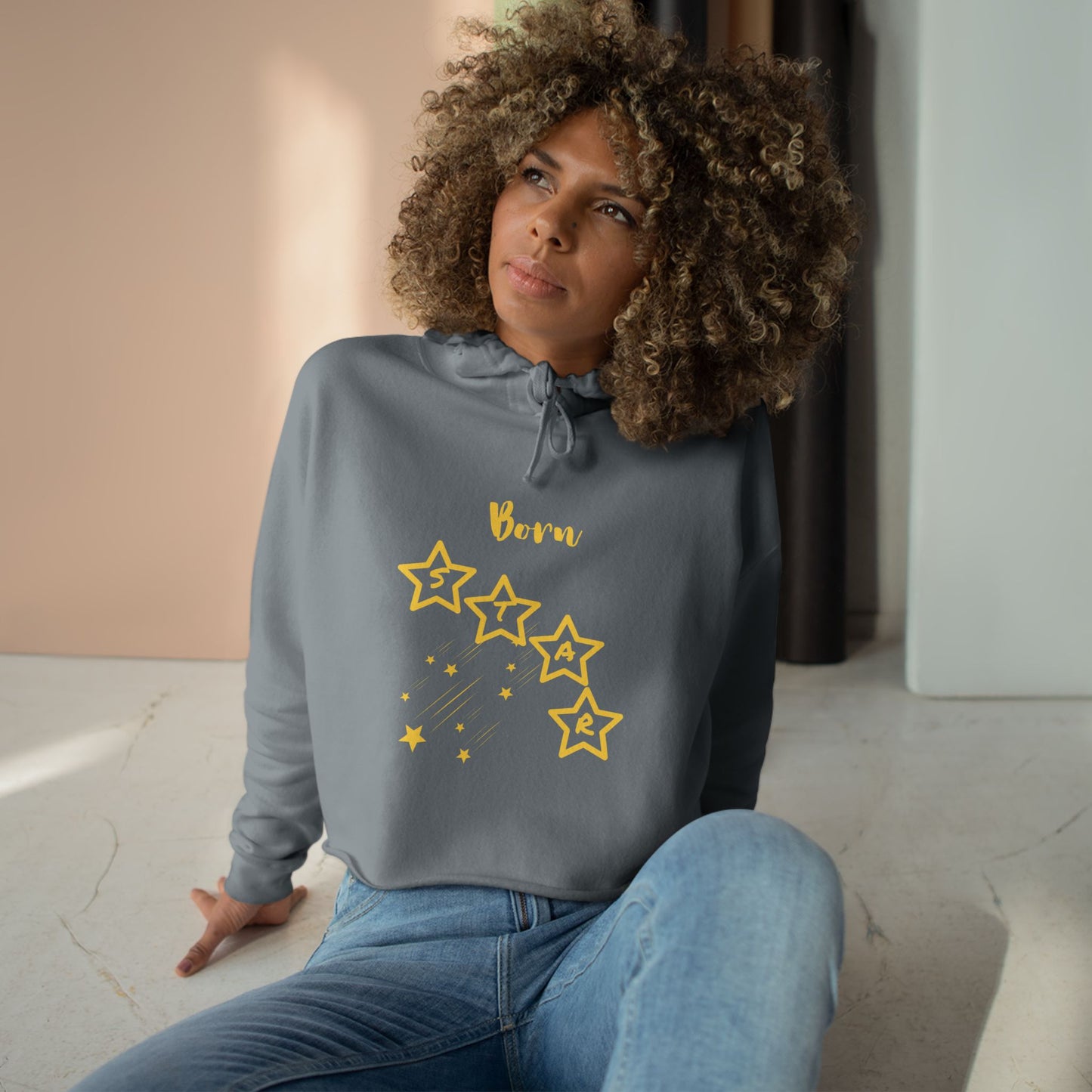 Gold-"Born Star":  Cropped Hoodie — Cute Minimalist Star Graphic Crop Sweatshirt