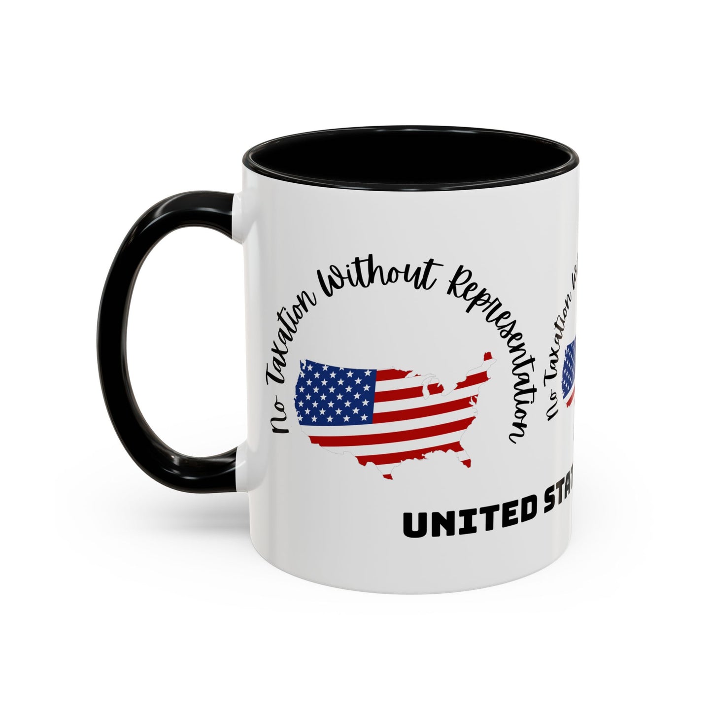 United States Map Flag Coffee Mug — "No Taxation Without Representation" 11/15oz Accent
