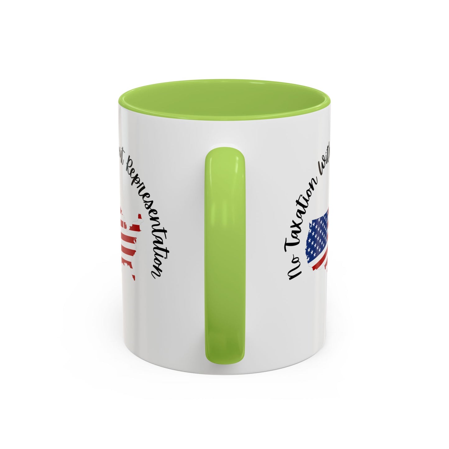 United States Map Flag Coffee Mug — "No Taxation Without Representation" 11/15oz Accent