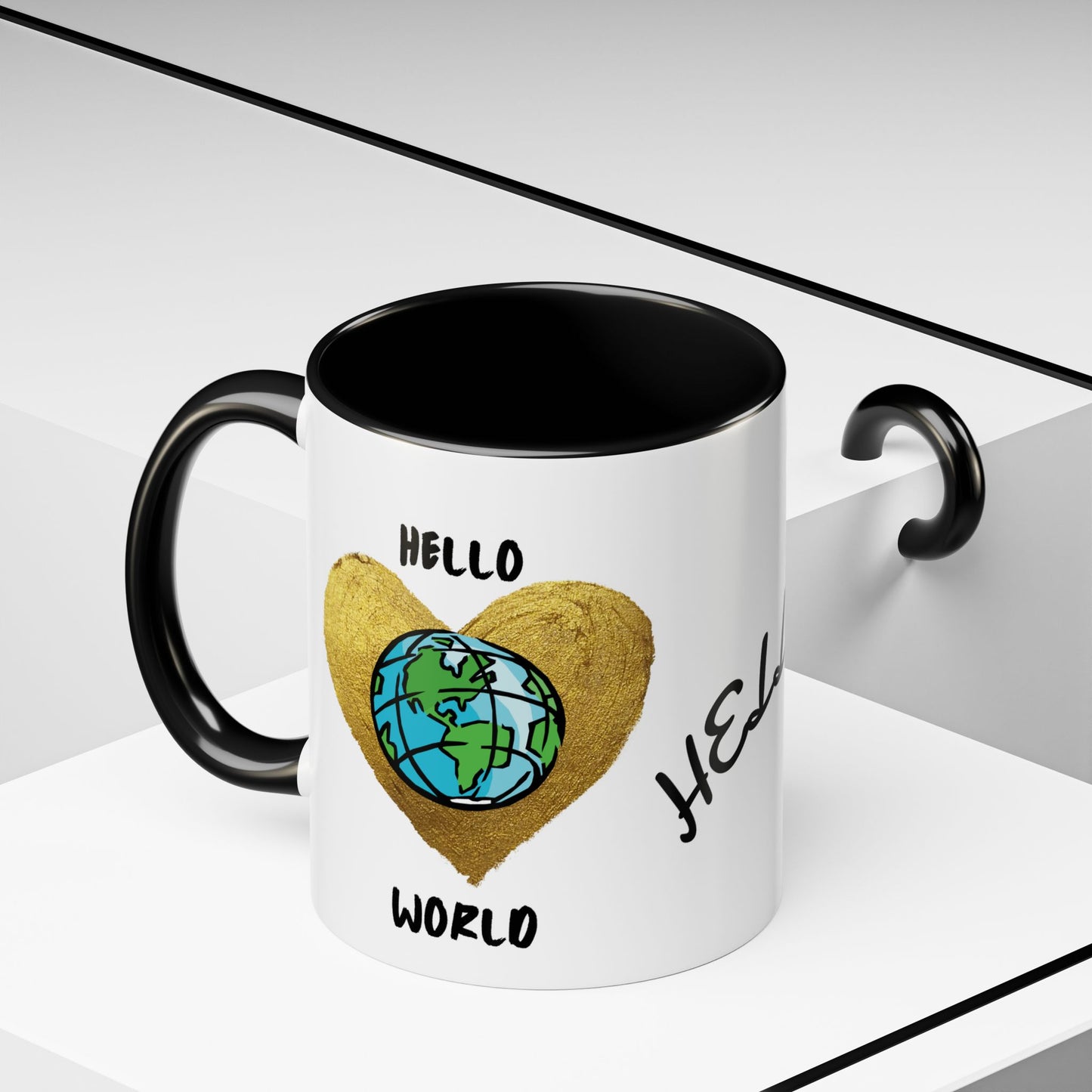 Hello World Coffee Mug — Heart Globe Accent 11oz