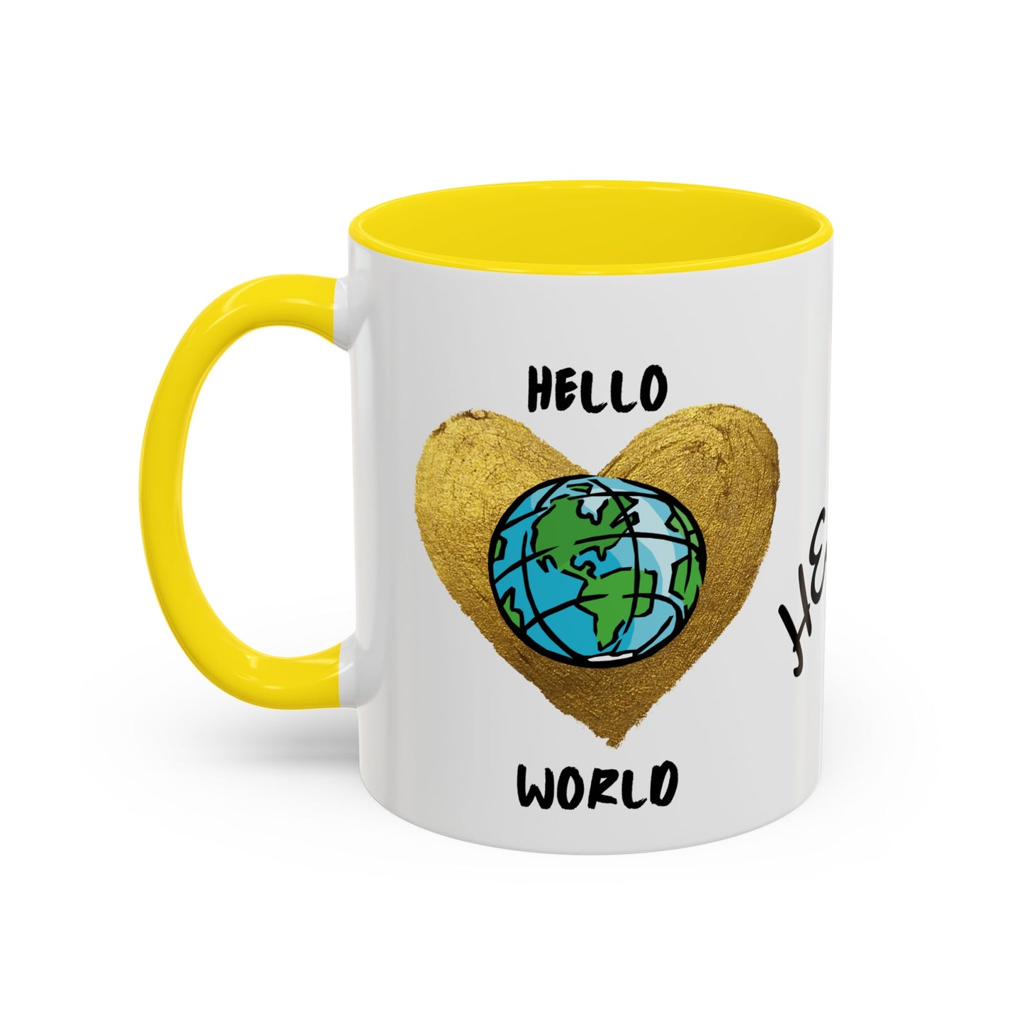 Hello World Coffee Mug — Heart Globe Accent 11oz