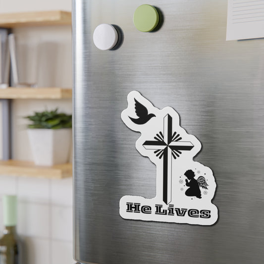 Religious  - He Lives Holy Cross with Praying Angel - Die-Cut Magnet