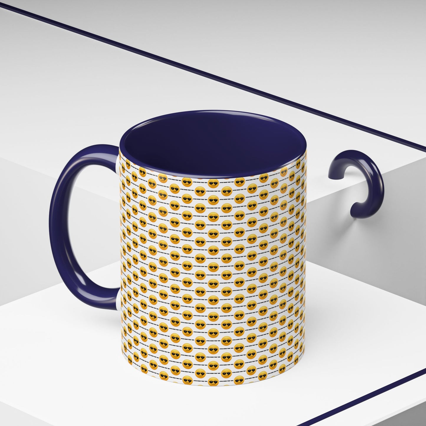 Sunglasses Emoji Pattern Accent Coffee Mug (11 oz) Asking "Who Run's This Ish"