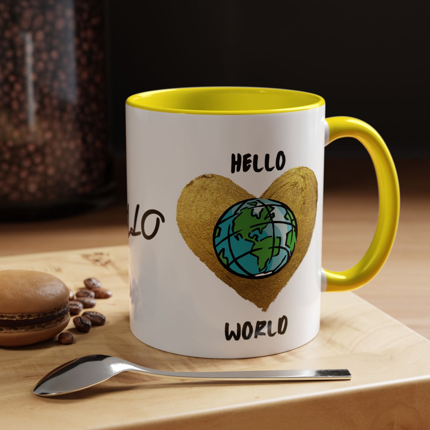 Hello World Coffee Mug — Heart Globe Accent 11oz