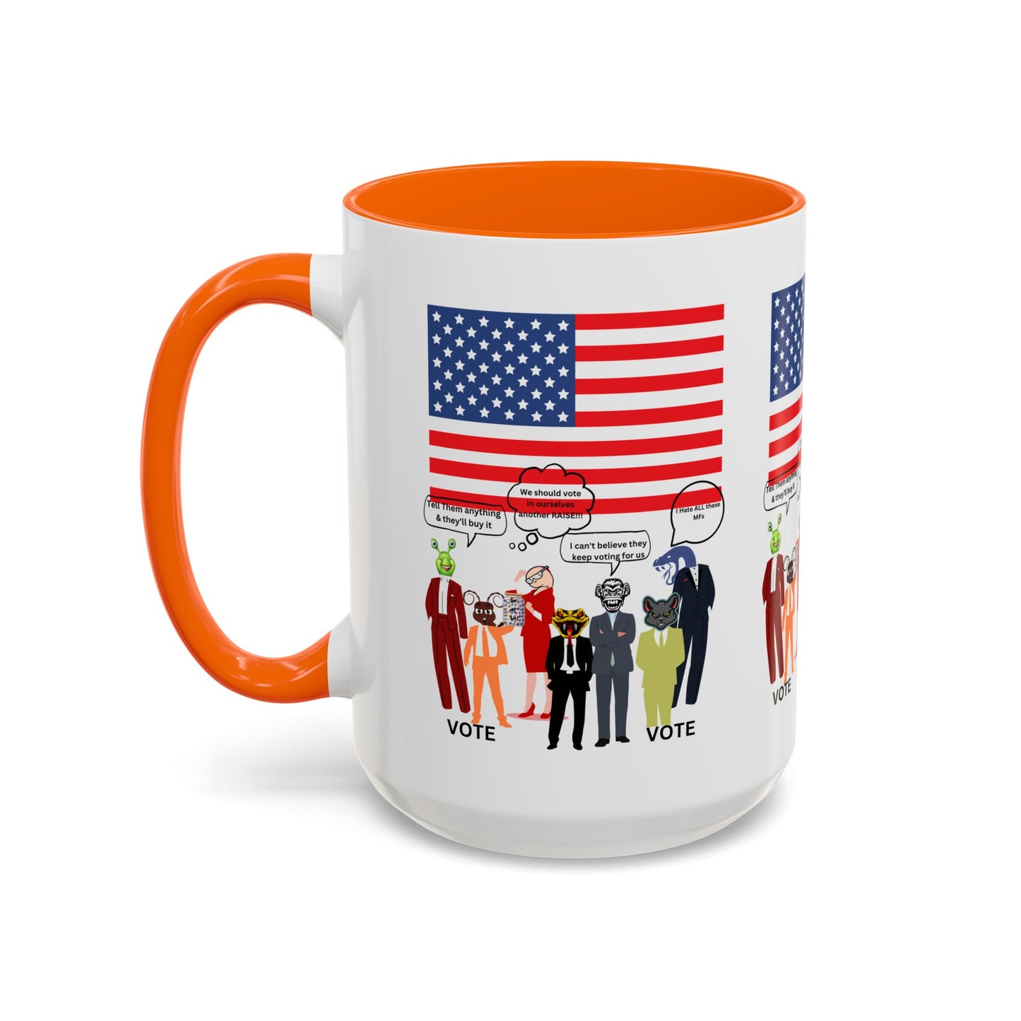 Patriotic Accent Coffee Mug — American Flag & Politicians in Lizard Form Illustration (15oz)