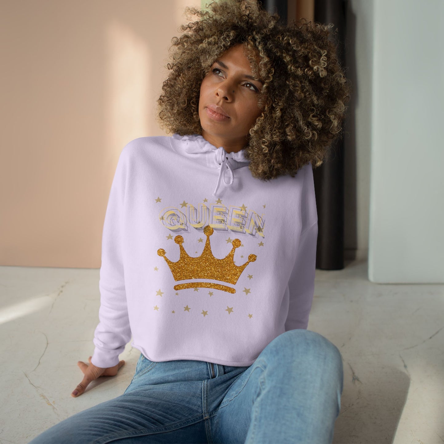 Queen - Gold Crown Crop Hoodie — Glitter Royalty Graphic Crop Hoodie