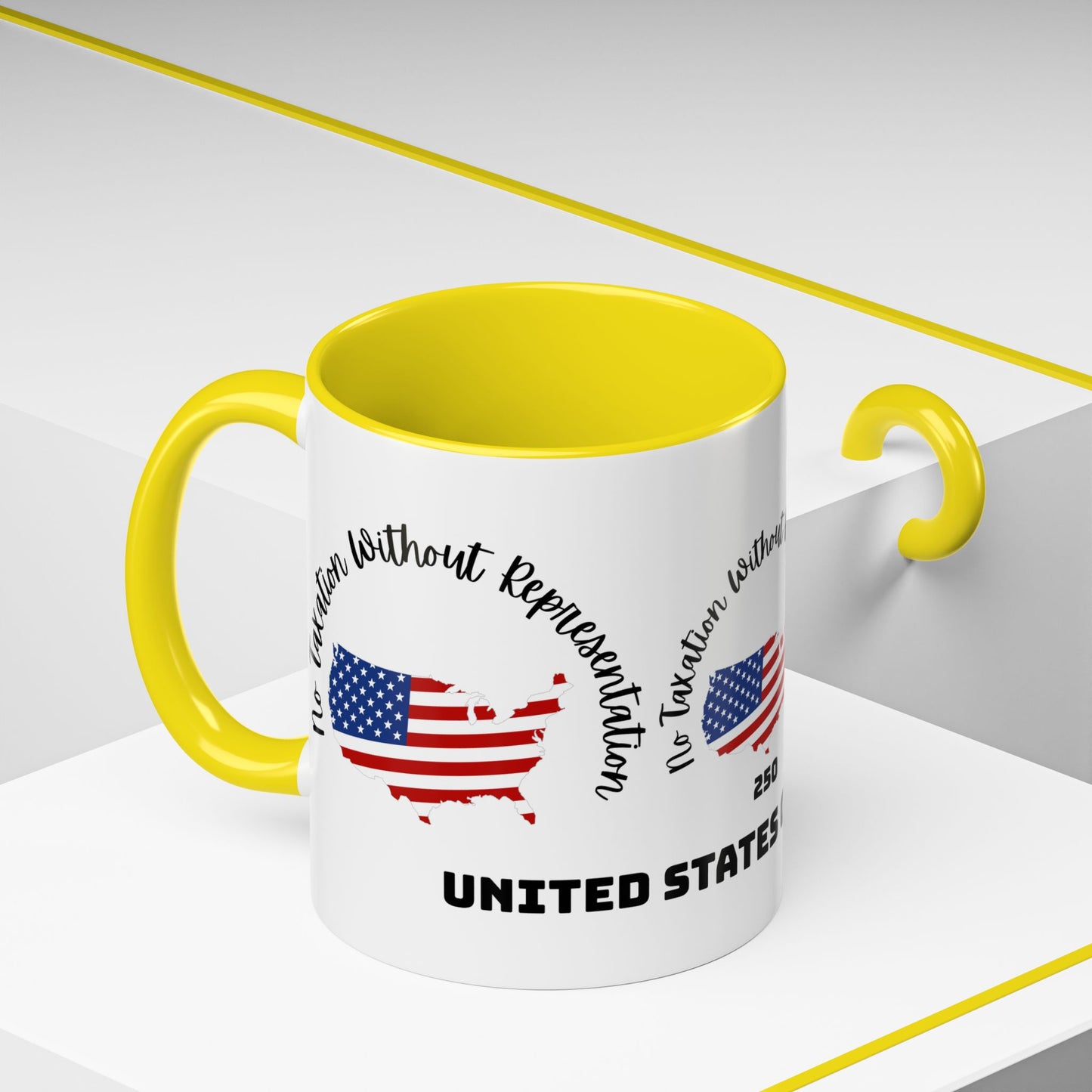 United States Map Flag Coffee Mug — "No Taxation Without Representation" 11/15oz Accent