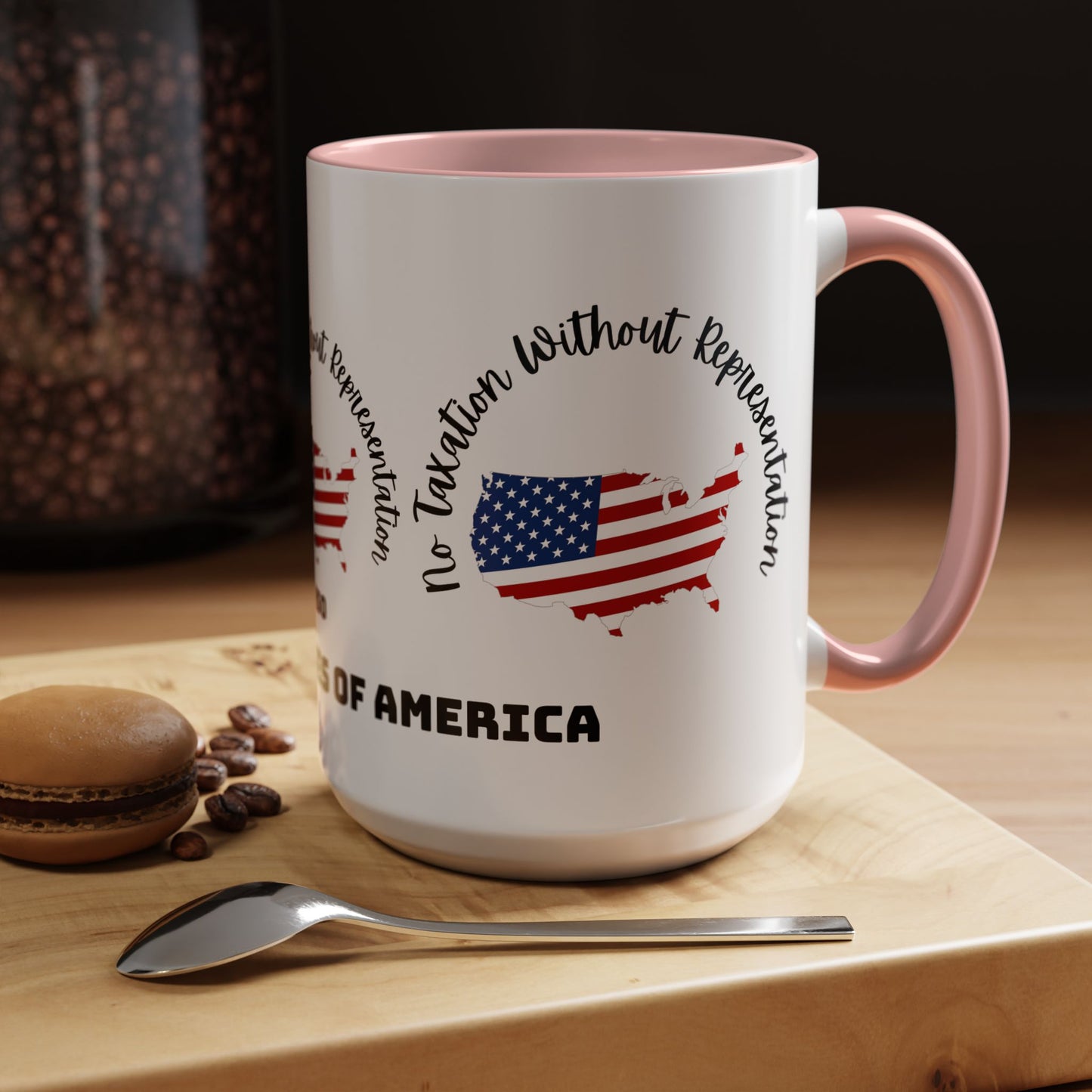 United States Map Flag Coffee Mug — "No Taxation Without Representation" 11/15oz Accent