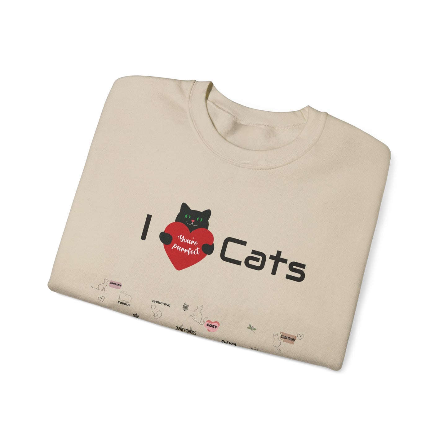 "I Love Cats" Unisex Heavy Blend Crewneck Sweatshirt: This design displays all the complex emotions of being a cat parent