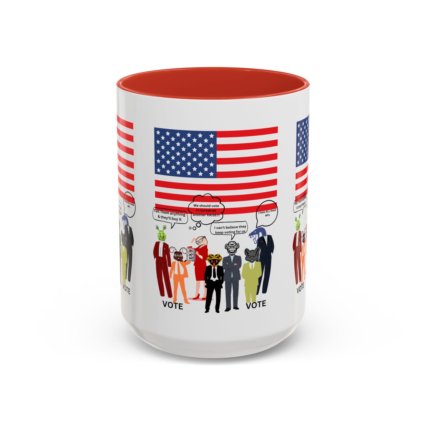 Patriotic Accent Coffee Mug — American Flag & Politicians in Lizard Form Illustration (15oz)