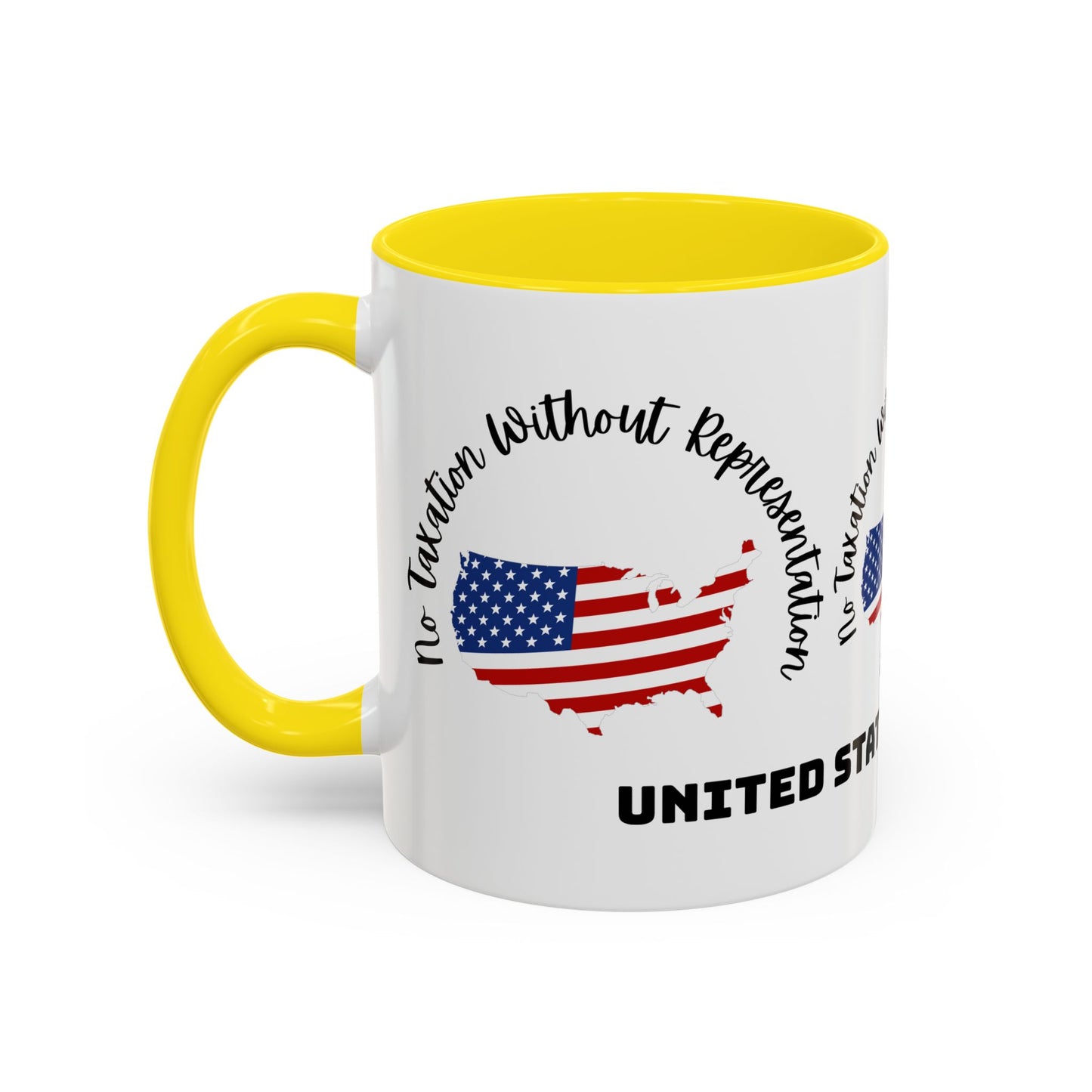 United States Map Flag Coffee Mug — "No Taxation Without Representation" 11/15oz Accent