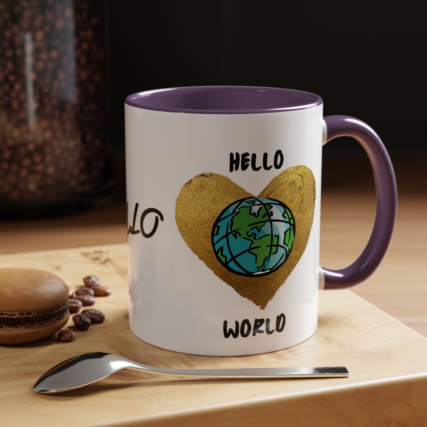 Hello World Coffee Mug — Heart Globe Accent 11oz