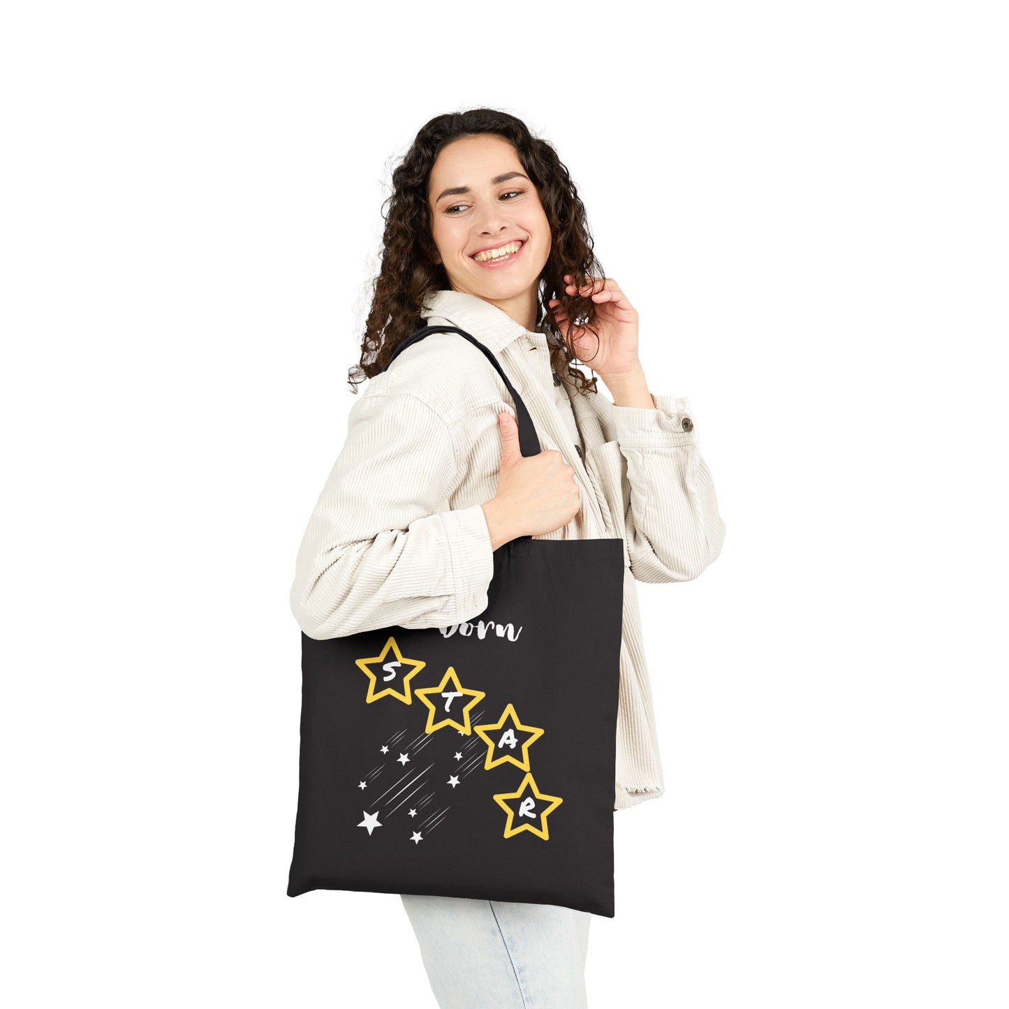 Born Star Tote Bag — Cute Celestial Cotton Canvas Tote With White Font and Stars