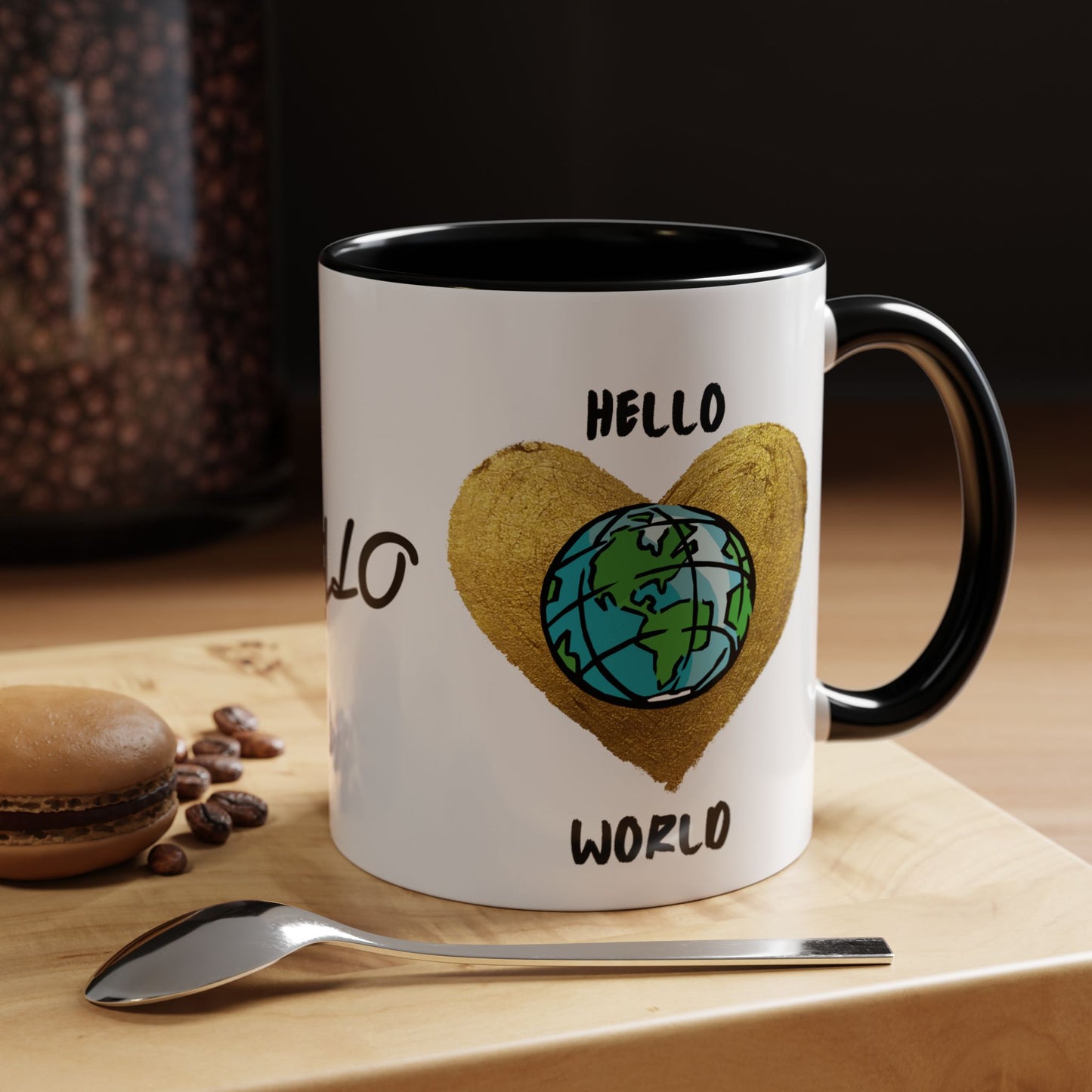 Hello World Coffee Mug — Heart Globe Accent 11oz