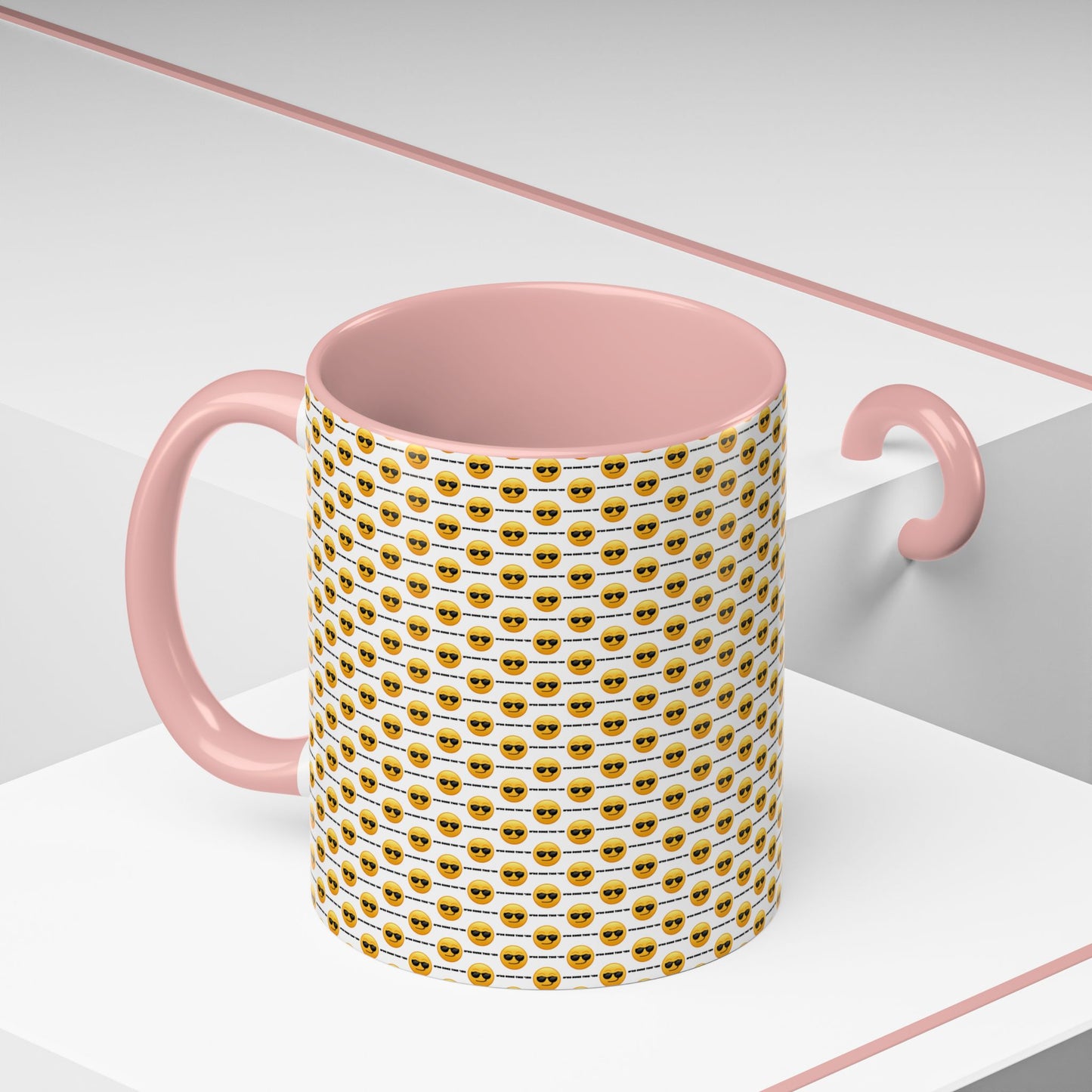 Sunglasses Emoji Pattern Accent Coffee Mug (11 oz) Asking "Who Run's This Ish"