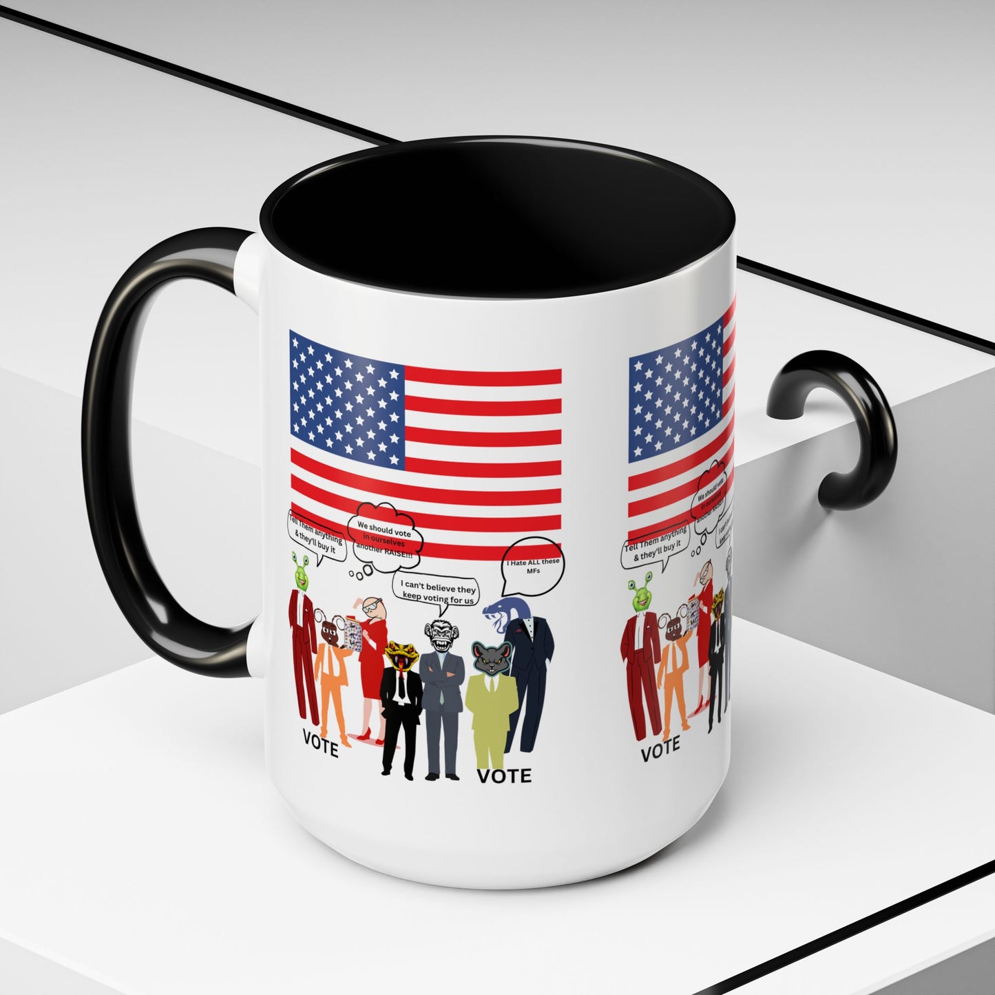 Patriotic Accent Coffee Mug — American Flag & Politicians in Lizard Form Illustration (15oz)