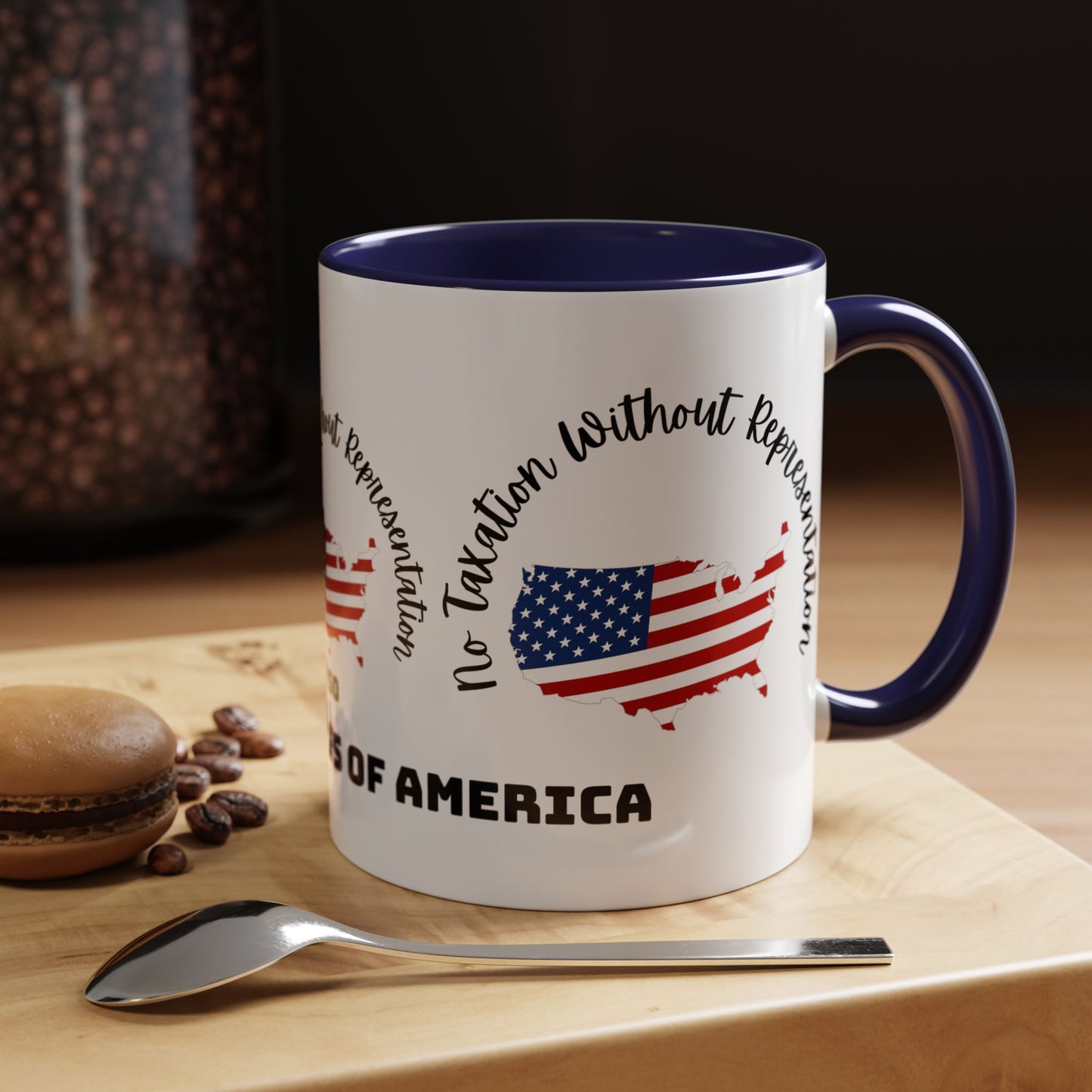 United States Map Flag Coffee Mug — "No Taxation Without Representation" 11/15oz Accent