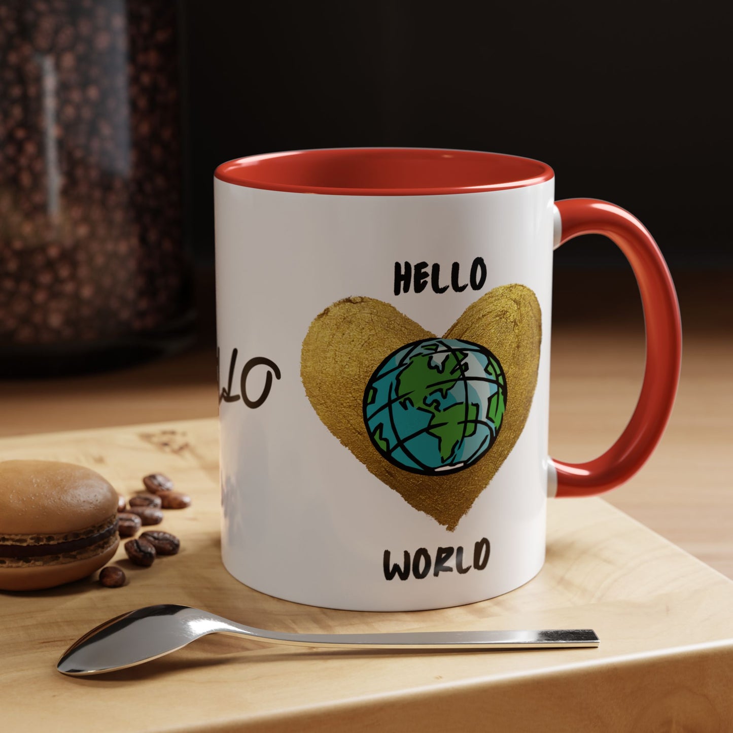 Hello World Coffee Mug — Heart Globe Accent 11oz